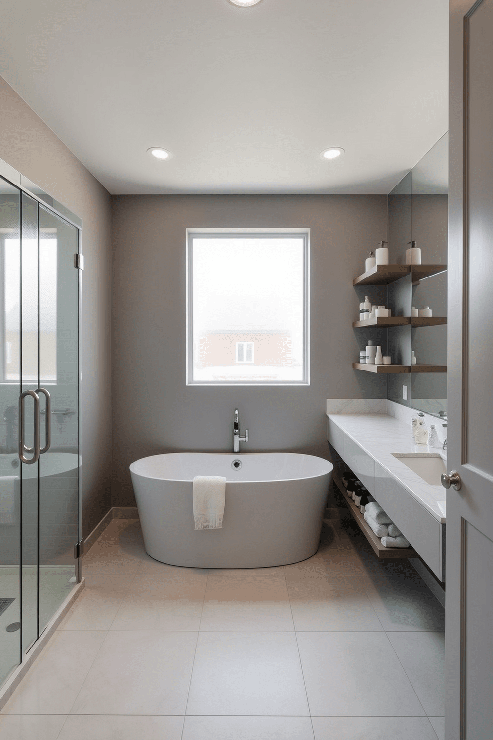 A stylish bathroom featuring moisture resistant wall paint in a soft gray hue. The space includes a sleek, modern bathtub with chrome fixtures and a glass shower enclosure, complemented by large format tiles on the floor. The design emphasizes easy to clean surfaces with a minimalist approach. Floating shelves hold neatly arranged toiletries, and a large mirror enhances the natural light streaming through a frosted window.