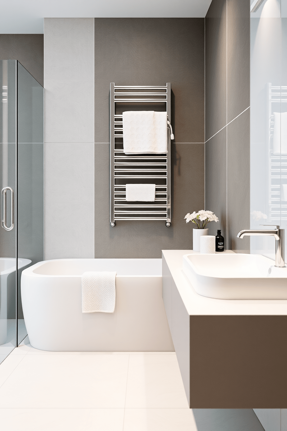 A modern bathroom featuring a sleek heated towel rack mounted on the wall. The design emphasizes easy-to-clean surfaces with large porcelain tiles and minimal grout lines for a polished look. Incorporate a floating vanity made of water-resistant materials for a contemporary touch. The color palette includes soft whites and grays, creating a serene and inviting atmosphere.