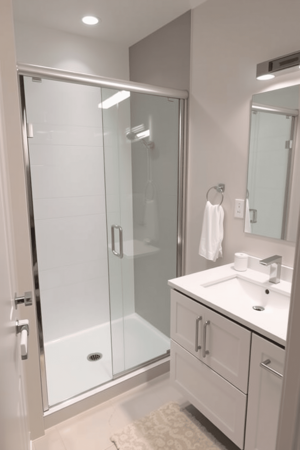 A modern bathroom design featuring easy care accessories. The space includes a sleek fiberglass shower with a glass door and a minimalist white vanity with a single sink. The countertops are made of quartz for durability and easy cleaning. Accessories like a simple soap dispenser and a microfiber bath mat complement the design, ensuring low maintenance.