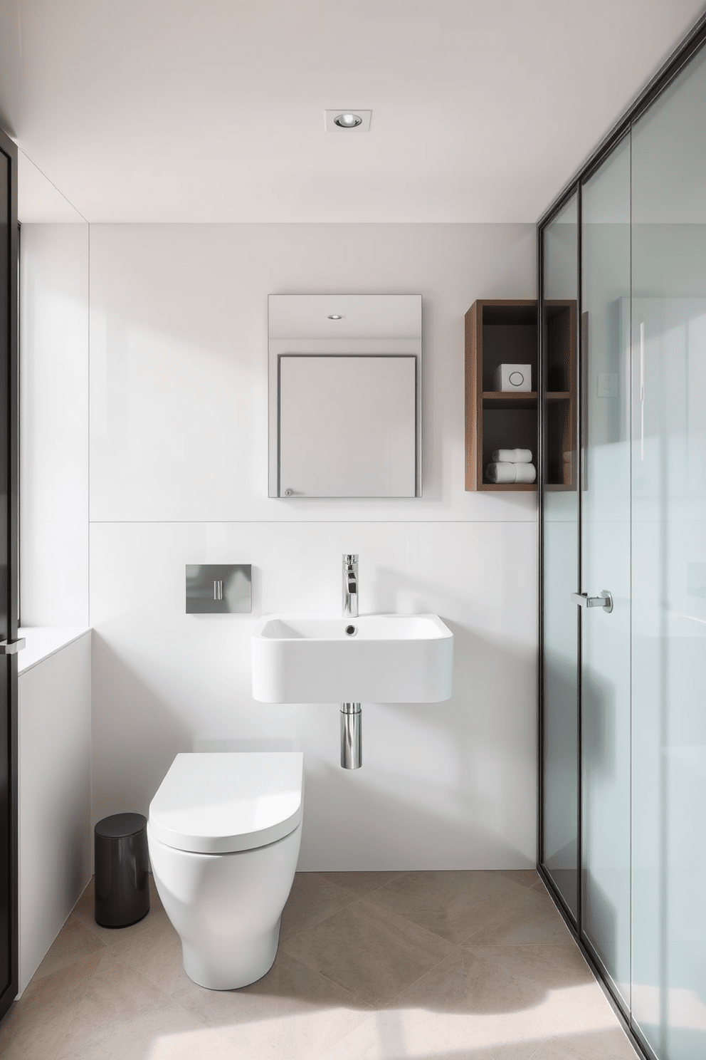 A modern bathroom featuring a sleek wall-mounted sink that maximizes floor space. The walls are adorned with large, glossy tiles in a light color, creating a clean and airy atmosphere. The flooring consists of large format tiles that are easy to clean and maintain. Minimalist storage solutions are integrated to keep the space organized and clutter-free.