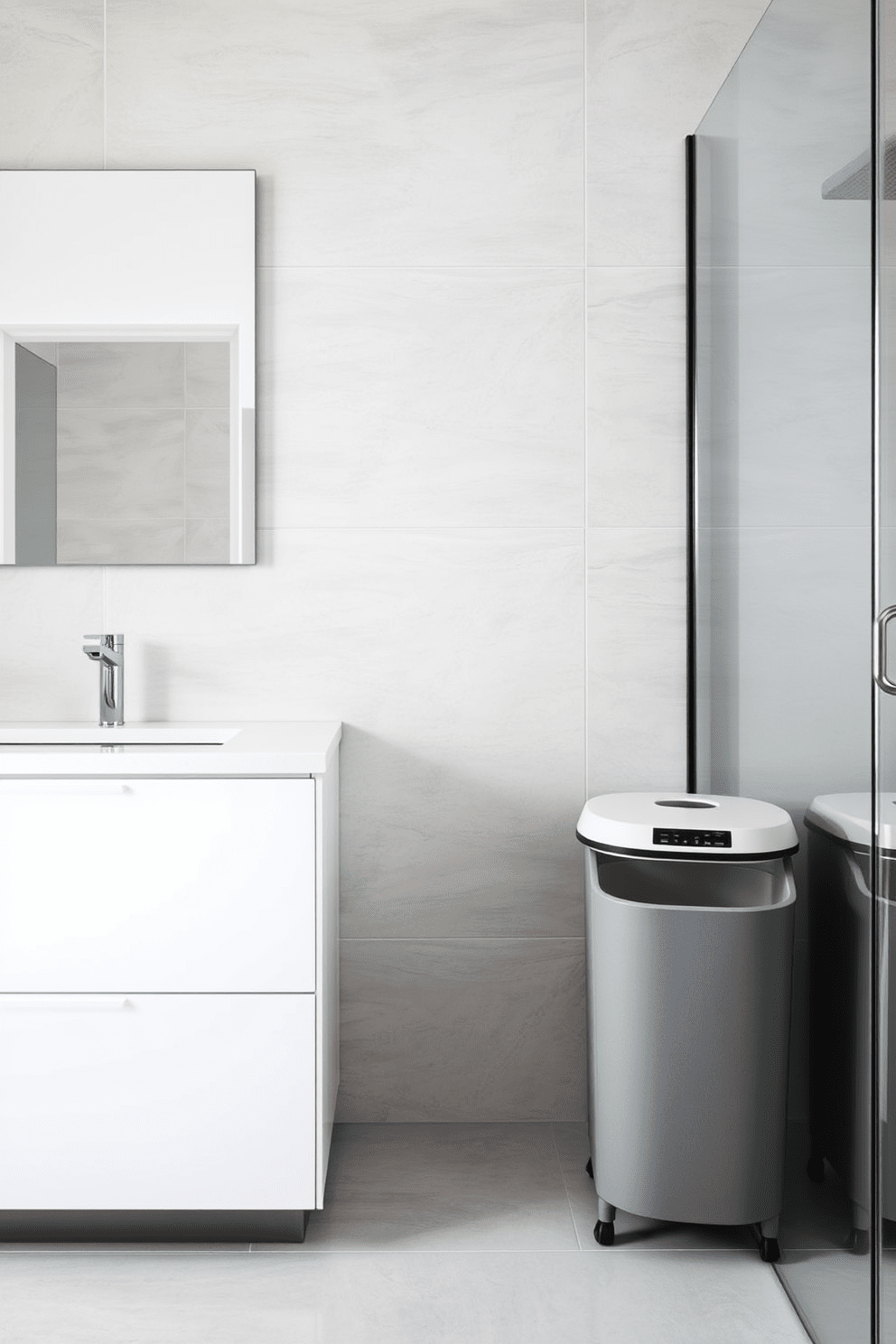 A modern bathroom featuring a sleek white vanity with a quartz countertop and an undermount sink. Adjacent to the vanity, a stylish laundry hamper blends seamlessly into the design, providing both functionality and elegance. The walls are adorned with large-format light gray tiles that create a spacious feel. Easy to clean surfaces are prioritized, with a glass shower enclosure and minimal grout lines for a streamlined look.