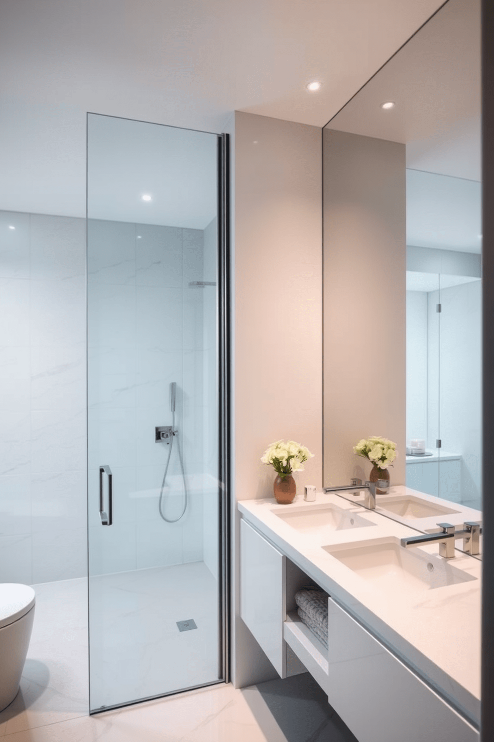 A minimalist bathroom setting features a sleek, frameless mirror that enhances the sense of space. The design emphasizes easy-to-clean surfaces, including large porcelain tiles and a seamless glass shower enclosure. The vanity is a simple white design with integrated storage to maintain a clutter-free environment. Soft, ambient lighting illuminates the space, creating a serene and inviting atmosphere.