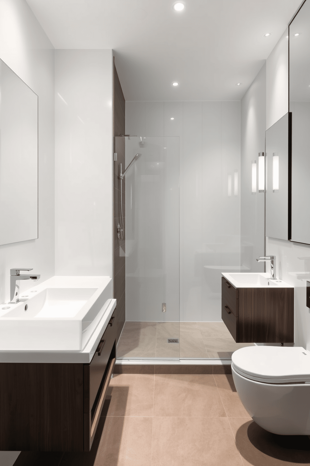 A sleek bathroom design featuring seamless shower walls that eliminate grout lines for minimal maintenance. The walls are finished in a glossy white tile, reflecting light and creating a spacious feel. The flooring is a large-format porcelain tile that is easy to clean and resistant to stains. A floating vanity with integrated storage complements the modern aesthetic while providing functionality.