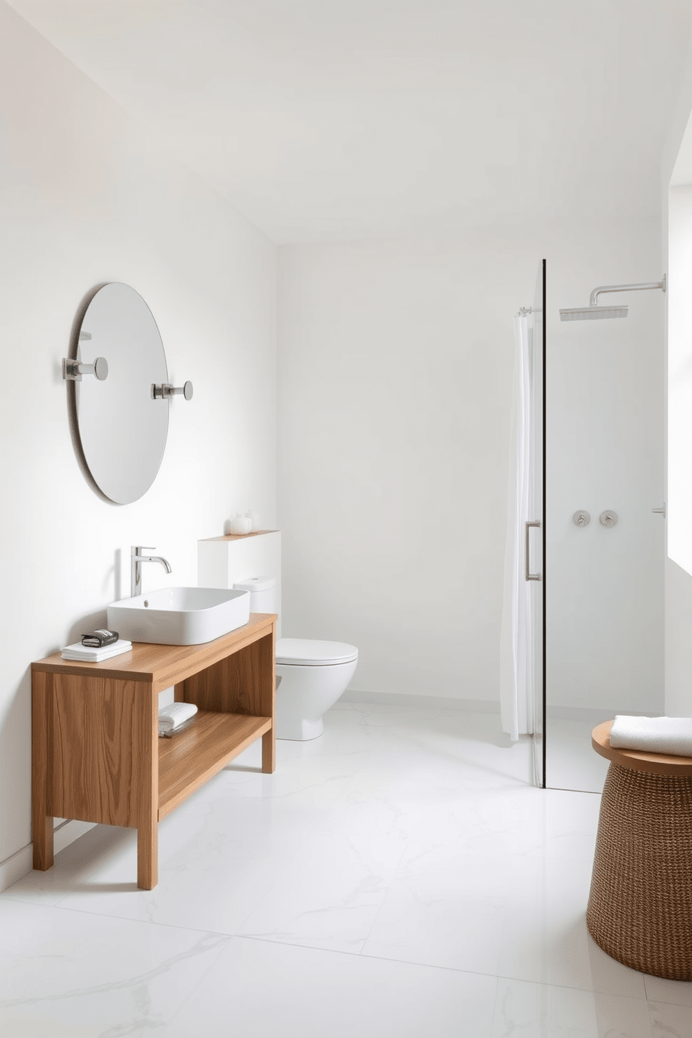 A serene bathroom design featuring soft white walls and light gray accents. The flooring consists of large format tiles that are easy to maintain, creating a clean and spacious feel. Incorporate a minimalist wooden vanity with a sleek sink and understated fixtures. Add a glass shower enclosure with a simple curtain to enhance the tranquil atmosphere.