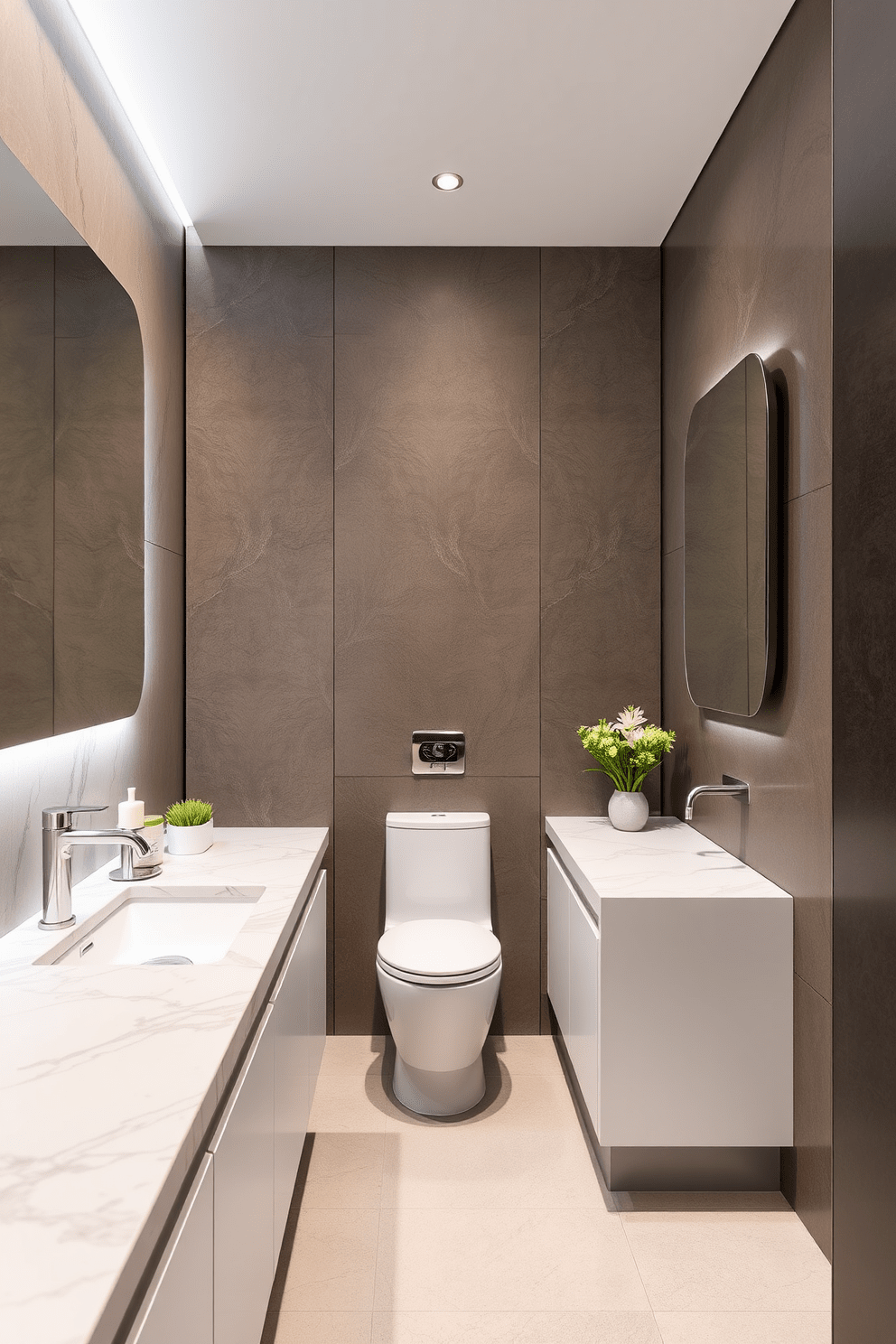 A sleek bathroom design featuring nonporous countertops that resist staining and bacteria. The space is enhanced with easy-to-clean materials and finishes that maintain a fresh and hygienic environment.