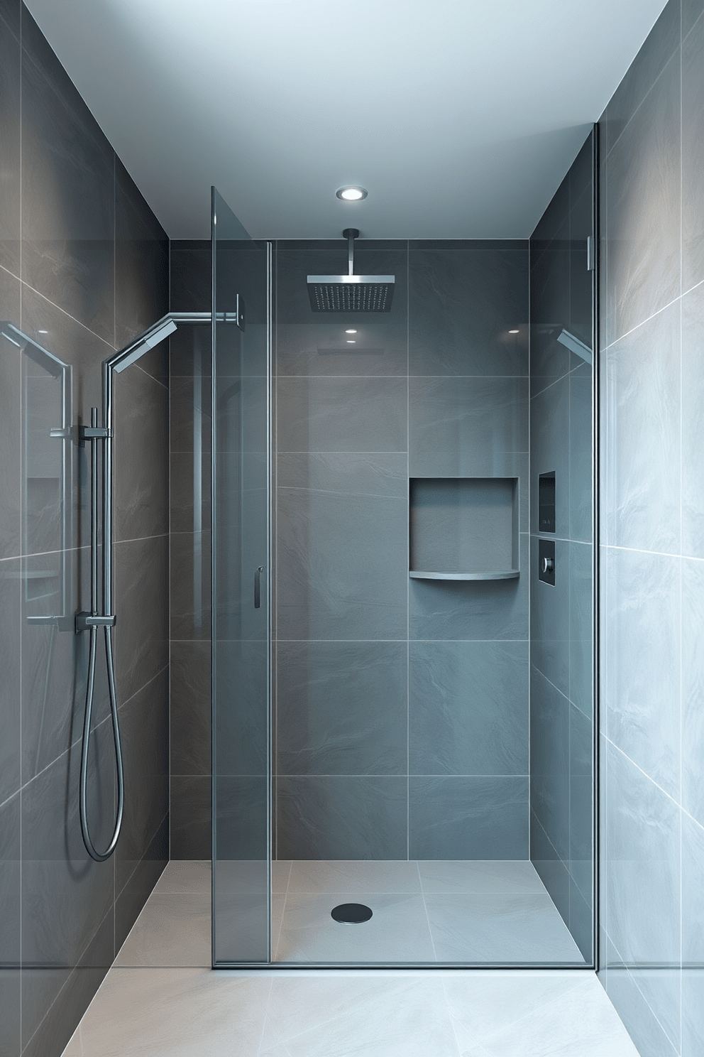 A modern bathroom featuring antibacterial metal fixtures that enhance hygiene and promote a clean environment. The design incorporates sleek lines and minimalist aesthetics, with a focus on functionality and easy maintenance. The walls are adorned with large, glossy tiles that are resistant to stains and easy to wipe down. A spacious shower area with a frameless glass door showcases a rainfall showerhead and built-in shelving for convenience.