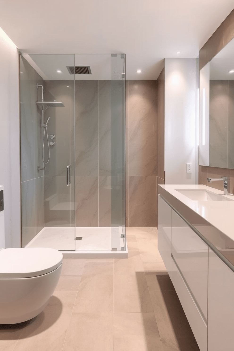 A modern bathroom featuring a curbless shower that seamlessly integrates with the floor tiles for easy cleaning access. The shower area is spacious and adorned with sleek glass panels, while the rest of the bathroom includes minimalistic fixtures and a large vanity with a smooth countertop. The design emphasizes functionality with easy-to-clean surfaces, including large format tiles and a wall-mounted toilet. Soft, ambient lighting highlights the clean lines and contemporary aesthetic, creating a serene and inviting atmosphere.