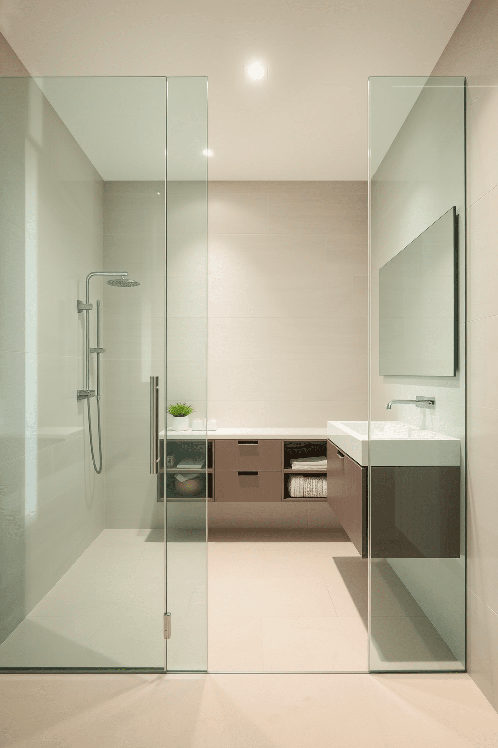 A modern bathroom featuring sleek glass shower doors that create an open and airy feel. The design emphasizes easy-to-clean surfaces with minimal grout lines and durable materials for a low-maintenance space. The walls are adorned with large-format tiles in a soft neutral tone, enhancing the spaciousness. A floating vanity with integrated storage keeps the area organized and clutter-free while offering a contemporary aesthetic.