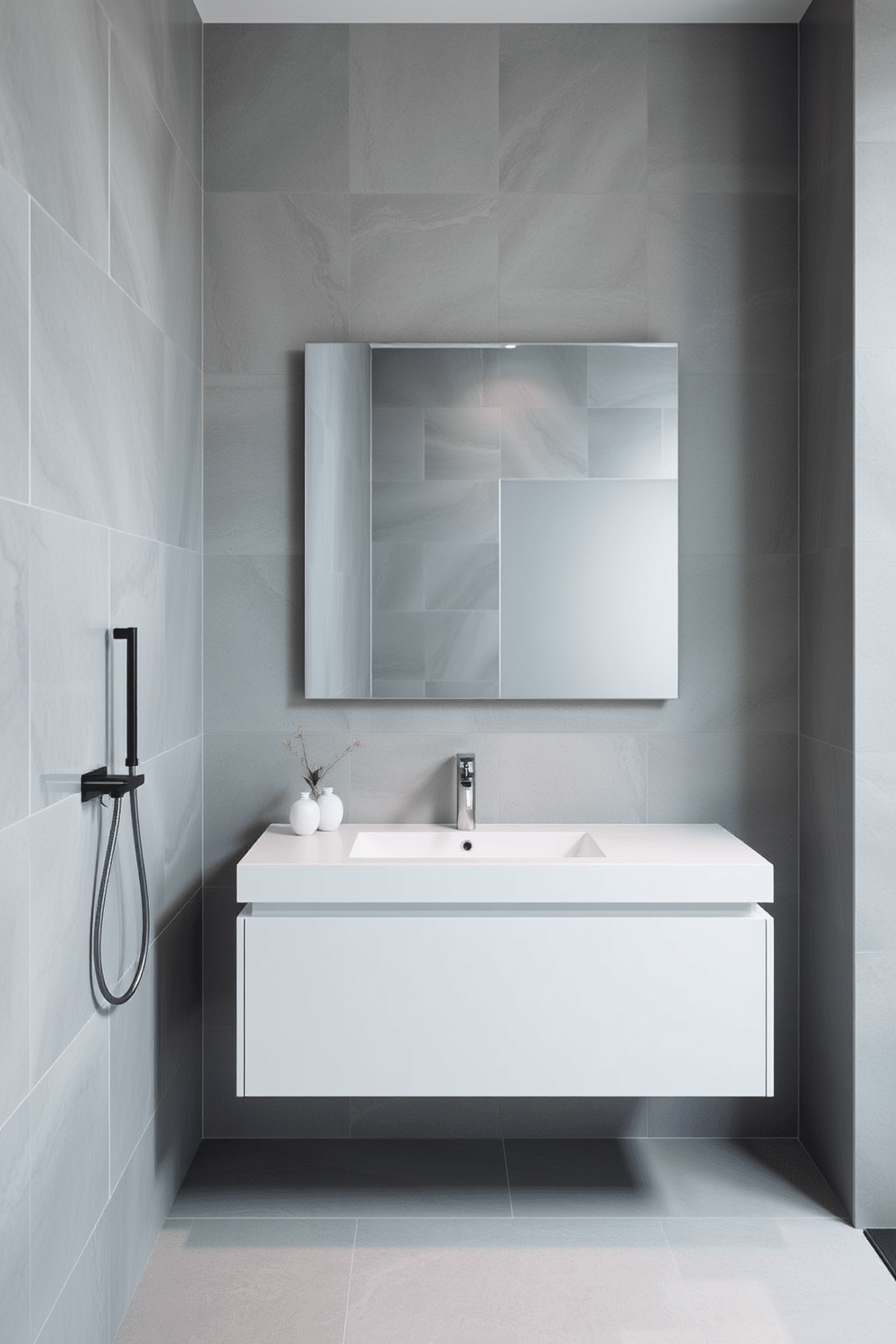 A modern bathroom featuring no-touch faucets for convenience and cleanliness. The space is designed with easy-to-clean surfaces and minimalistic fixtures, ensuring a sleek and hygienic environment. The walls are clad in large-format porcelain tiles that resist stains and grime. A floating vanity with a seamless countertop provides ample storage while maintaining a clean aesthetic.