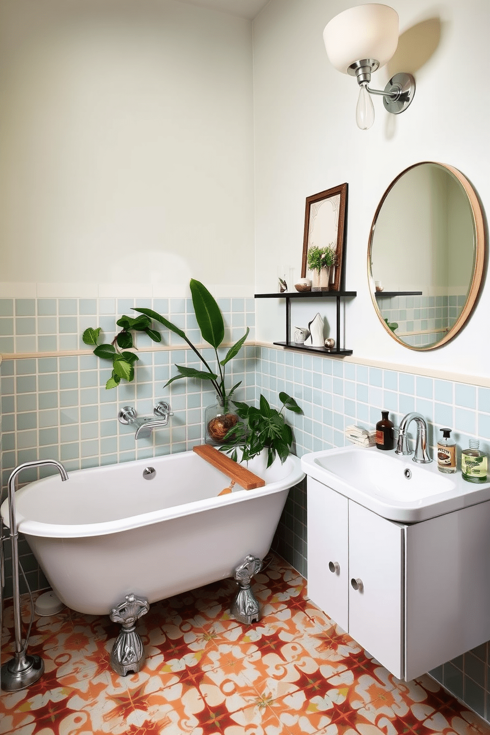 A vibrant bathroom featuring vintage tiles in a bold geometric pattern that adds character to the space. Modern fixtures in sleek chrome contrast beautifully with the intricate tile work, creating a harmonious blend of old and new. The walls are adorned with a soft pastel hue to enhance the eclectic feel. A freestanding tub sits elegantly in the corner, surrounded by lush greenery and unique decor pieces that reflect personal style.