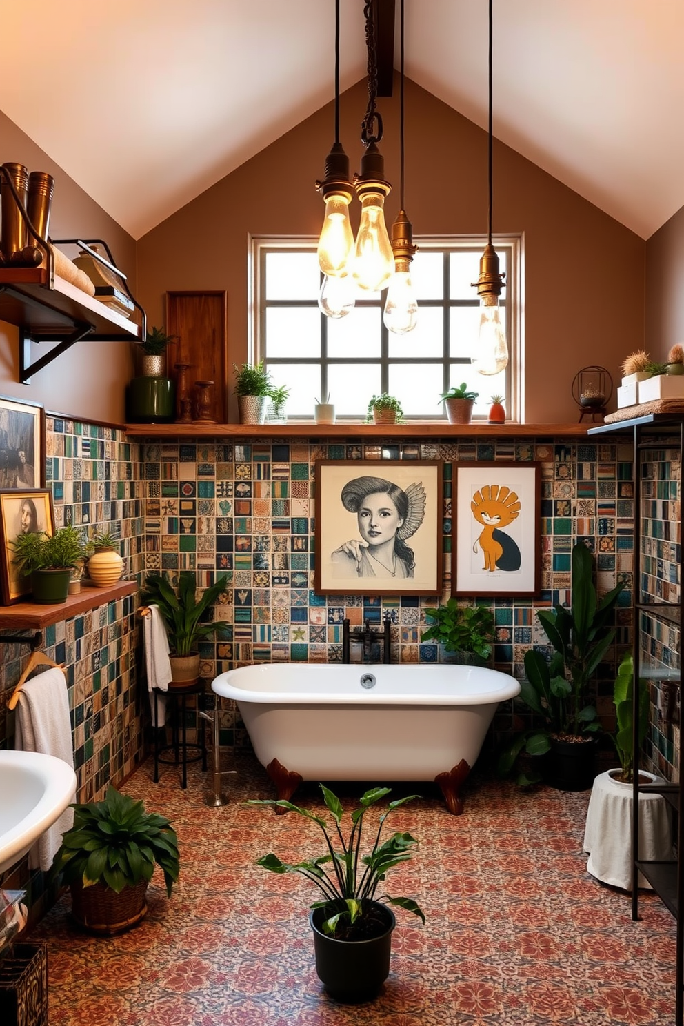 A chic bathroom featuring industrial lighting fixtures with exposed bulbs hanging from a high ceiling. The space is adorned with rustic decor elements such as reclaimed wood shelves and vintage metal accents. Vibrant tiles in various patterns cover the walls, creating an eclectic atmosphere. A freestanding bathtub sits center stage, surrounded by potted plants and unique artwork that adds character to the room.