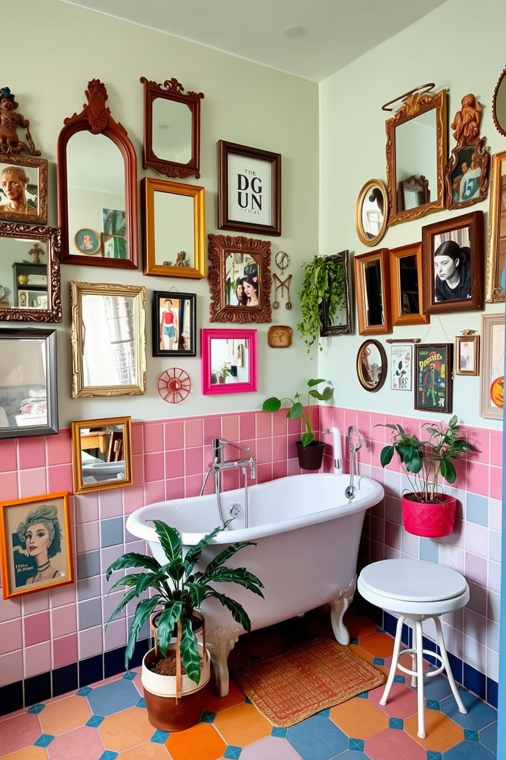 A vibrant bathroom space featuring an array of mismatched mirrors in various shapes and sizes, each with unique frames that add character to the room. The walls are painted in a soft pastel hue, complemented by colorful tiles that create an eclectic and inviting atmosphere. A freestanding bathtub sits in the center, surrounded by plants that bring a touch of nature indoors. Vintage accessories and quirky art pieces enhance the playful design, making the space feel personal and full of charm.