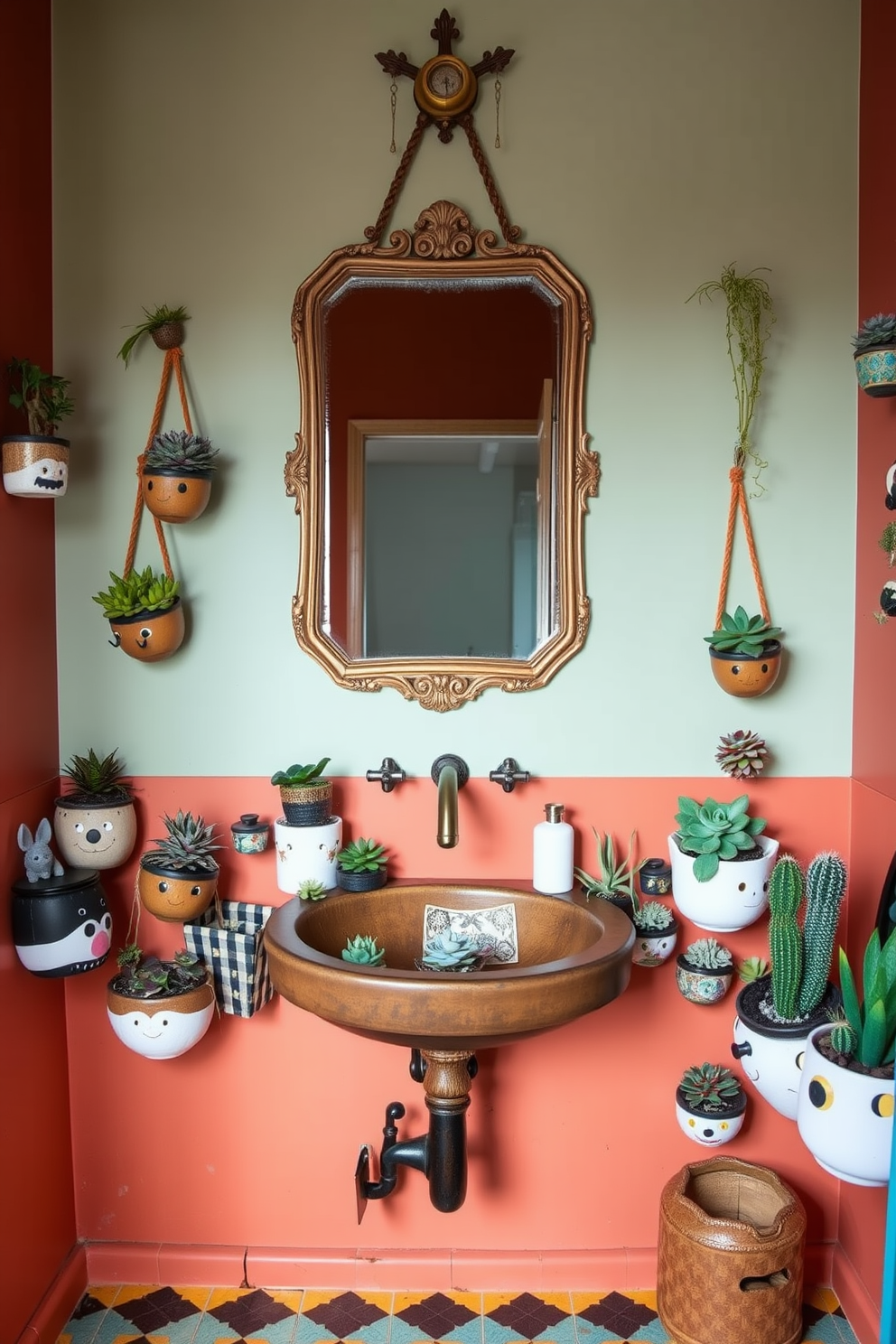 A vibrant bathroom filled with quirky planters showcasing various succulents. The planters are made from unique materials and feature playful designs that add character to the space. The walls are painted in a warm terracotta hue, complemented by colorful tiles on the floor. A vintage mirror hangs above a rustic wooden sink, enhancing the eclectic vibe of the room.