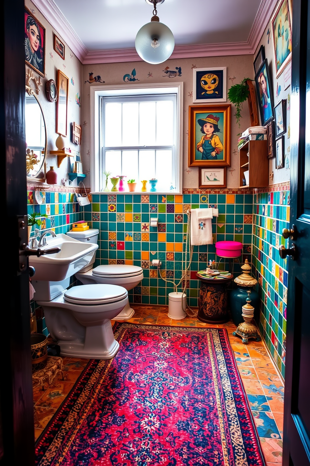 A vibrant eclectic bathroom filled with character. The floor is adorned with a vintage rug that adds warmth and texture to the overall design. Colorful tiles line the walls, creating a playful contrast with the fixtures. Unique accessories and artwork are scattered throughout, enhancing the whimsical atmosphere.