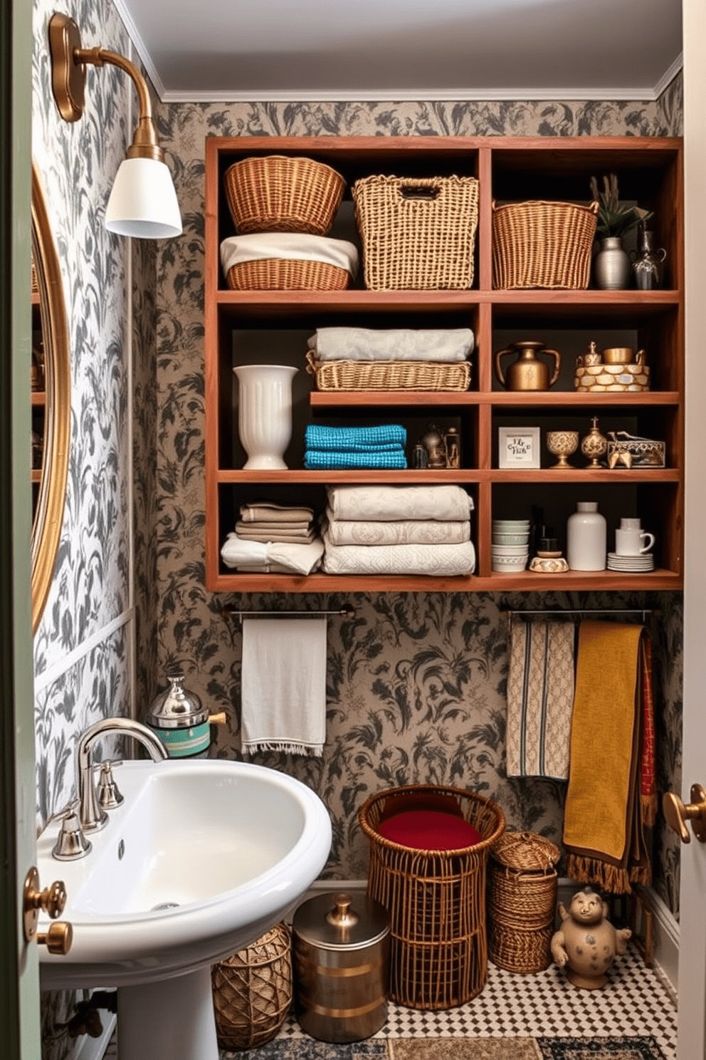 Open shelving with decorative storage creates a visually appealing and functional bathroom space. The shelves are filled with an assortment of stylish baskets, colorful towels, and curated decor items that reflect a personal touch. Eclectic bathroom design ideas blend various styles and textures for a unique look. Vintage mirrors, bold wallpaper, and mismatched fixtures come together to create an inviting and artistic atmosphere.