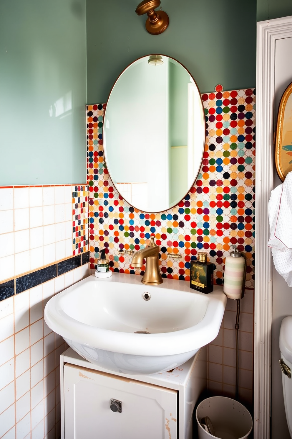 A vibrant mosaic backsplash in various colors creates a stunning focal point behind the sink. The eclectic bathroom features a mix of vintage and modern fixtures, adding character and charm to the space.