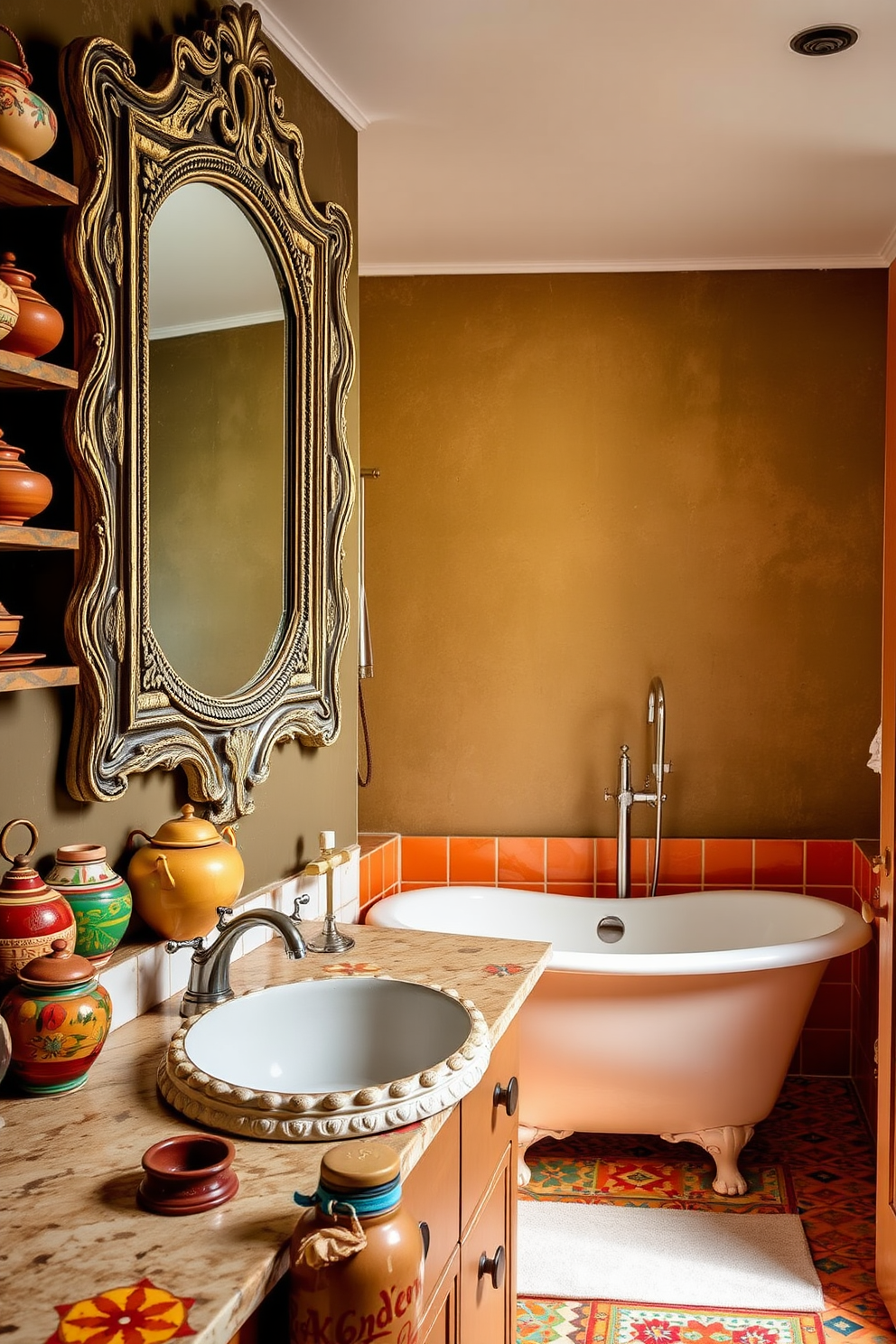 Artisan pottery pieces are strategically placed on open shelves and the countertop, adding a unique and artistic touch to the space. The bathroom features a blend of vibrant colors and patterns, with a freestanding tub surrounded by colorful tiles and a mix of vintage and modern fixtures. A large, ornate mirror with a distressed finish hangs above a double vanity, complemented by artisan pottery jars that serve as stylish storage. The overall design embraces an eclectic aesthetic, combining various textures and materials to create a warm and inviting atmosphere.