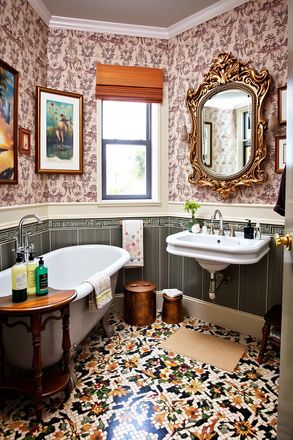 An eclectic bathroom design featuring a blend of vintage and modern decor. The space showcases a freestanding clawfoot bathtub paired with sleek contemporary fixtures, while an antique wooden side table holds stylish toiletries. The walls are adorned with a combination of patterned wallpaper and modern art pieces, creating a vibrant atmosphere. A unique mosaic tile floor adds character, complemented by a vintage mirror with an ornate frame above the sink.