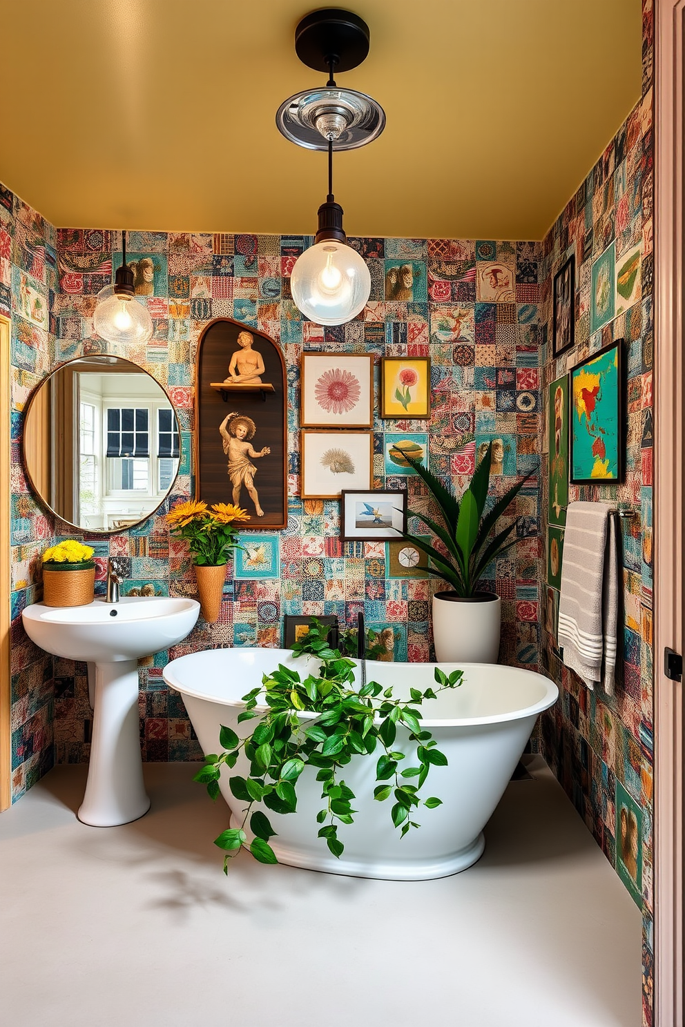 A contemporary bathroom featuring retro light fixtures that add a touch of nostalgia. The walls are adorned with vibrant tiles that create a playful contrast with the sleek modern elements. An eclectic mix of colors and patterns fills the space, showcasing unique decor pieces that reflect personal style. A freestanding tub sits elegantly in the corner, surrounded by lush greenery for a refreshing touch.