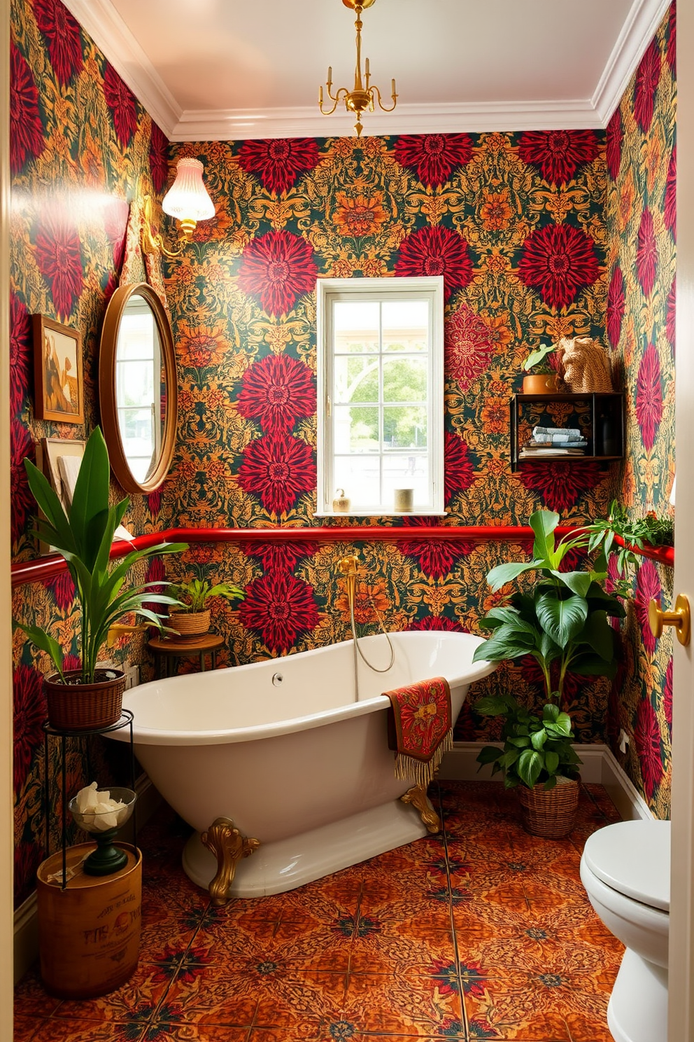 A vibrant eclectic bathroom featuring bold wallpaper with intricate patterns in rich colors. The space is accented with subtle accessories like a vintage mirror and unique light fixtures that enhance the overall aesthetic. The flooring is a mix of patterned tiles that complement the wallpaper, while a freestanding tub adds a touch of luxury. Various plants and decorative items are strategically placed to create a lively and inviting atmosphere.