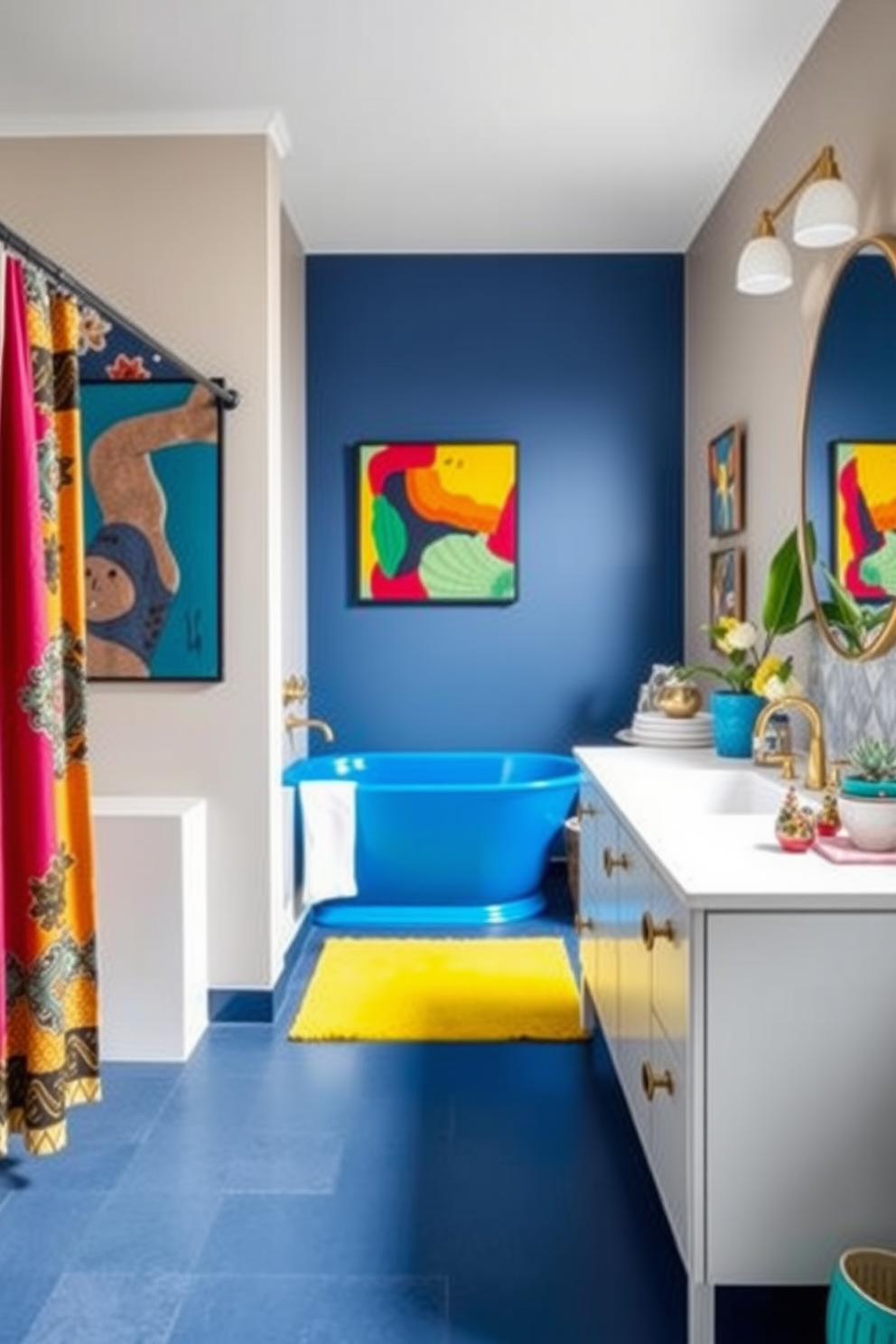 A vibrant bathroom space featuring bold color accents against neutral walls. The room showcases a mix of textures and patterns, with a freestanding bathtub in a striking cobalt blue and colorful artwork adorning the walls. The vanity is a sleek white with gold fixtures, complemented by a bright yellow rug underfoot. Unique accessories, such as a multicolored shower curtain and decorative plants, add an eclectic feel to the design.