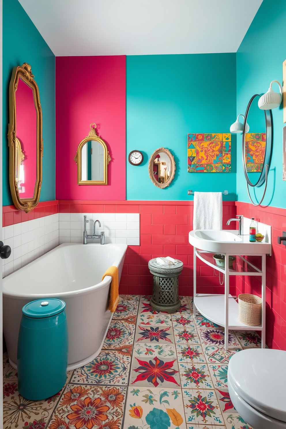 Bright accent walls in vibrant hues create a striking backdrop for this eclectic bathroom. The space features neutral fixtures that balance the bold colors, including a sleek white bathtub and a modern sink with a minimalist design. Artistic tiles in various patterns adorn the floor, adding character and charm. Unique decor elements like vintage mirrors and colorful artwork enhance the eclectic vibe, making the bathroom a personal sanctuary.