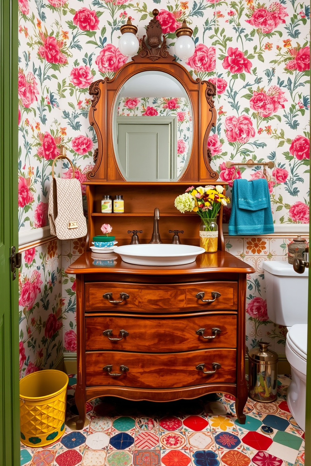 Repurposed furniture serves as unique bathroom storage, combining functionality with style. A vintage dresser is transformed into a sink vanity, showcasing its original wood finish and ornate hardware. Eclectic bathroom design ideas feature a mix of colors, patterns, and textures that create a vibrant atmosphere. Bold wallpaper with floral prints pairs beautifully with mismatched tiles and colorful accessories for a playful yet cohesive look.