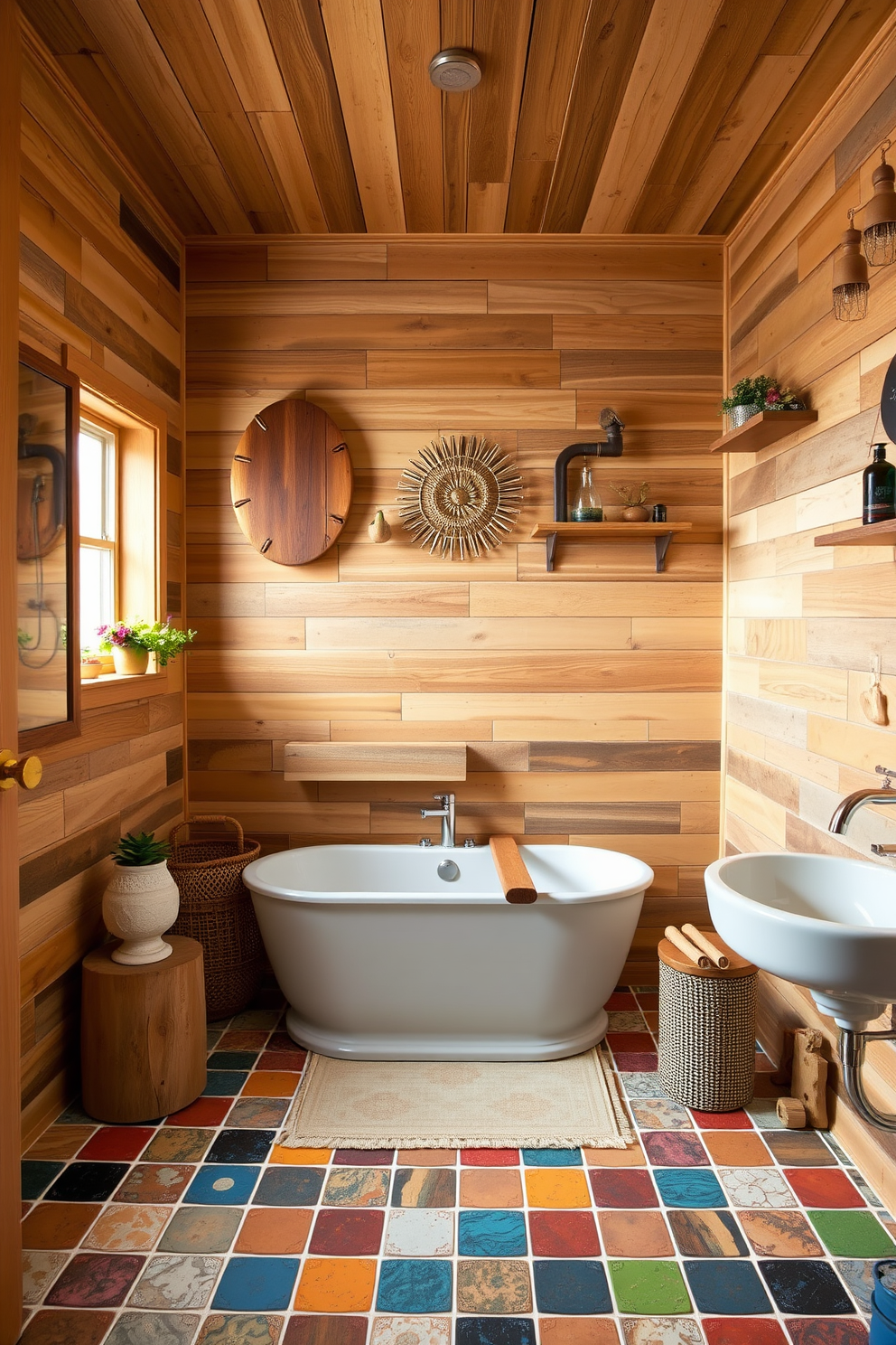 A vibrant bathroom space featuring natural wood elements that create a warm and inviting atmosphere. The design incorporates a mix of colorful tiles and unique fixtures, blending modern and vintage styles seamlessly. The walls are adorned with reclaimed wood panels, adding texture and depth to the room. A freestanding bathtub sits in the center, surrounded by eclectic decor pieces that reflect a playful yet sophisticated aesthetic.