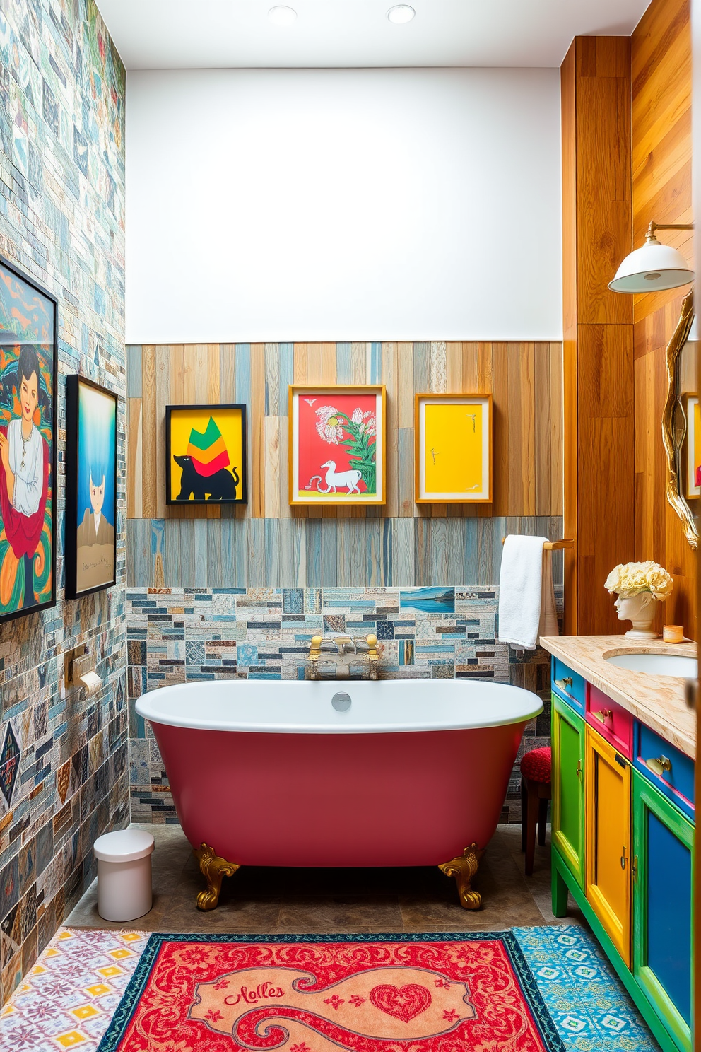 A vibrant eclectic bathroom featuring textured wall finishes that create visual interest. The walls are adorned with a mix of patterned tiles and wood paneling, adding depth and character to the space. A freestanding soaking tub sits in the center, surrounded by colorful artwork and unique decor pieces. The vanity is a blend of vintage and modern styles, showcasing a bold color palette and interesting materials.