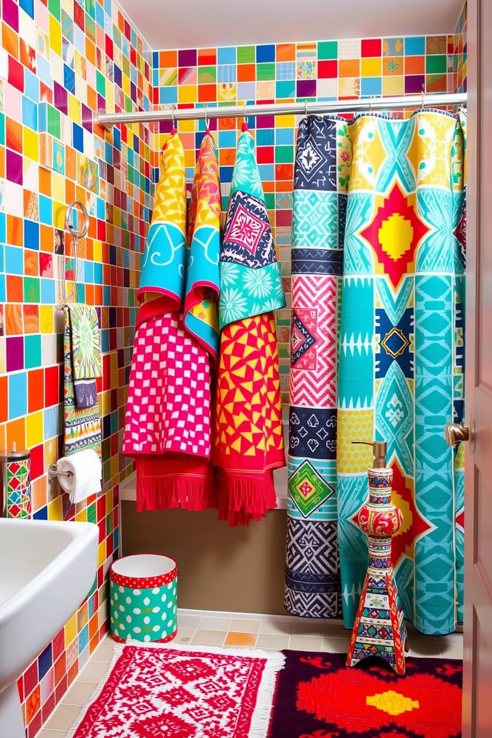 A vibrant bathroom filled with playful patterns on towels and accessories. The walls are adorned with colorful tiles that create a lively backdrop for the eclectic decor. Brightly patterned towels hang neatly on a wooden towel rack, complementing the unique shower curtain featuring a mix of geometric designs. A collection of quirky accessories, such as a colorful soap dispenser and a patterned rug, add charm and character to the space.