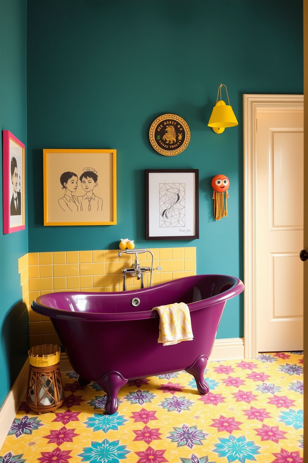 A vibrant bathroom setting featuring unexpected color combinations. The walls are painted in a bold teal, contrasting with bright yellow accents in the decor. A freestanding bathtub in a deep plum color sits against the wall, surrounded by colorful patterned tiles. Unique artwork and playful accessories add an eclectic touch, making the space feel lively and inviting.