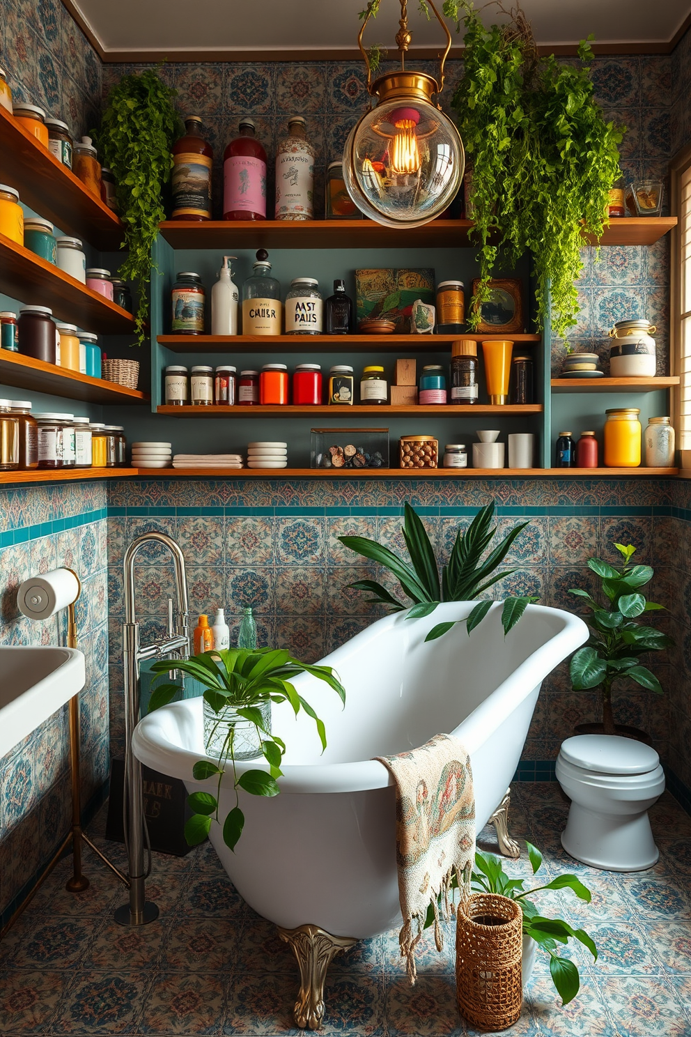 An eclectic bathroom design featuring an artful display of toiletries and accessories. The shelves are filled with colorful jars and bottles, showcasing a mix of vintage and modern pieces that create a playful yet sophisticated atmosphere. The walls are adorned with vibrant patterned tiles that contrast beautifully with the sleek fixtures. A unique freestanding bathtub sits in the center, surrounded by lush greenery and artistic decor elements that enhance the overall charm of the space.