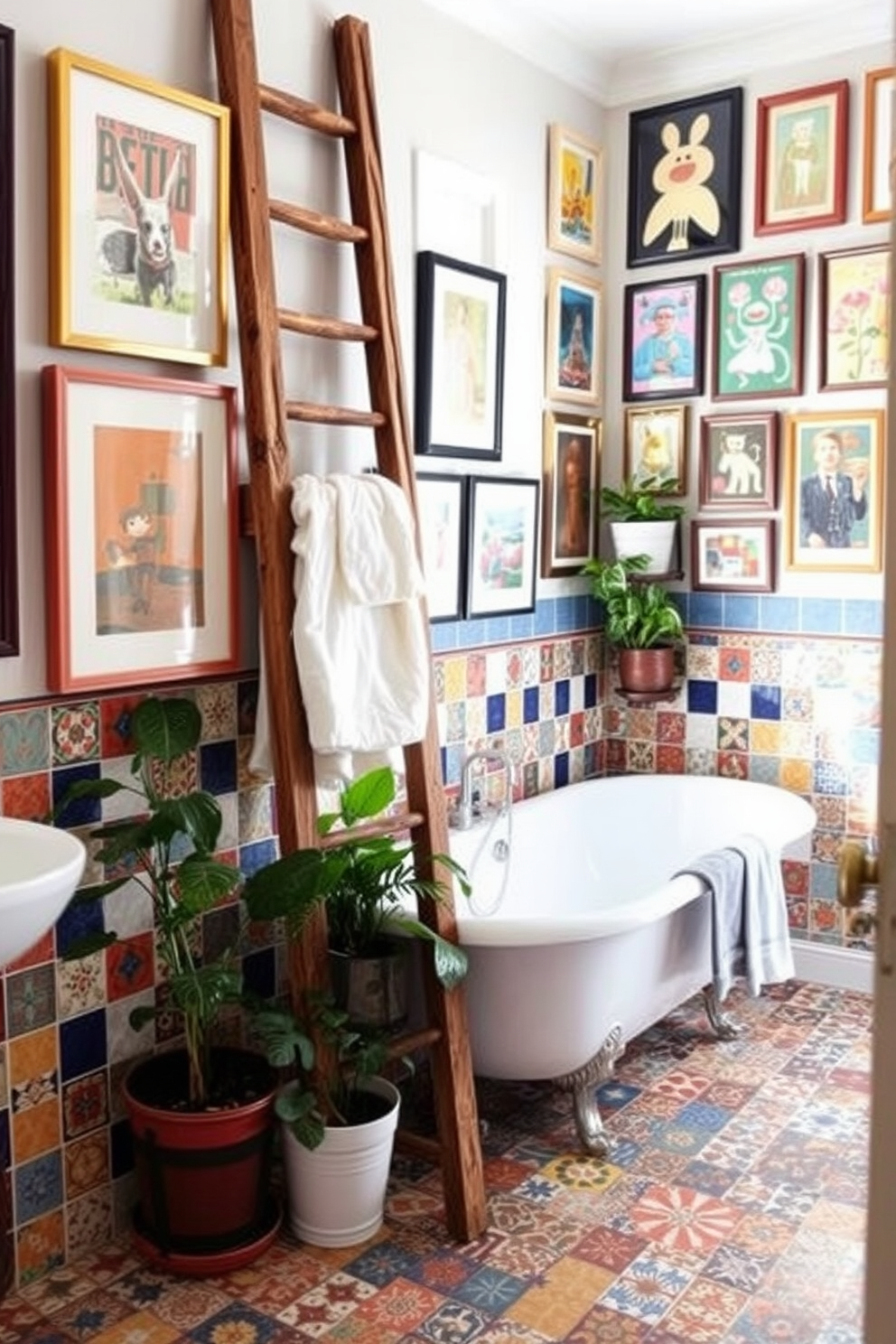 A stylish ladder made of reclaimed wood leans against the wall, providing a rustic touch while elegantly displaying fluffy towels. The bathroom features an eclectic mix of vibrant tiles in various patterns, creating a playful yet harmonious atmosphere. The walls are adorned with a gallery of framed art, showcasing colorful prints that reflect the homeowner's personality. A vintage freestanding tub sits in the corner, surrounded by potted plants that add a refreshing pop of greenery.