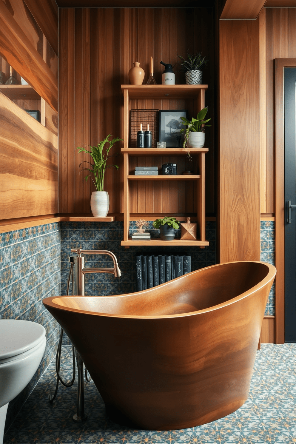 A striking bathroom design featuring a blend of warm wooden accents and sleek metal fixtures. The space includes a freestanding wooden bathtub paired with brushed nickel faucets, creating a harmonious contrast. The walls are adorned with vibrant, patterned tiles that add a playful touch to the eclectic style. A unique wooden shelving unit holds an assortment of decorative items and plants, enhancing the character of the room.