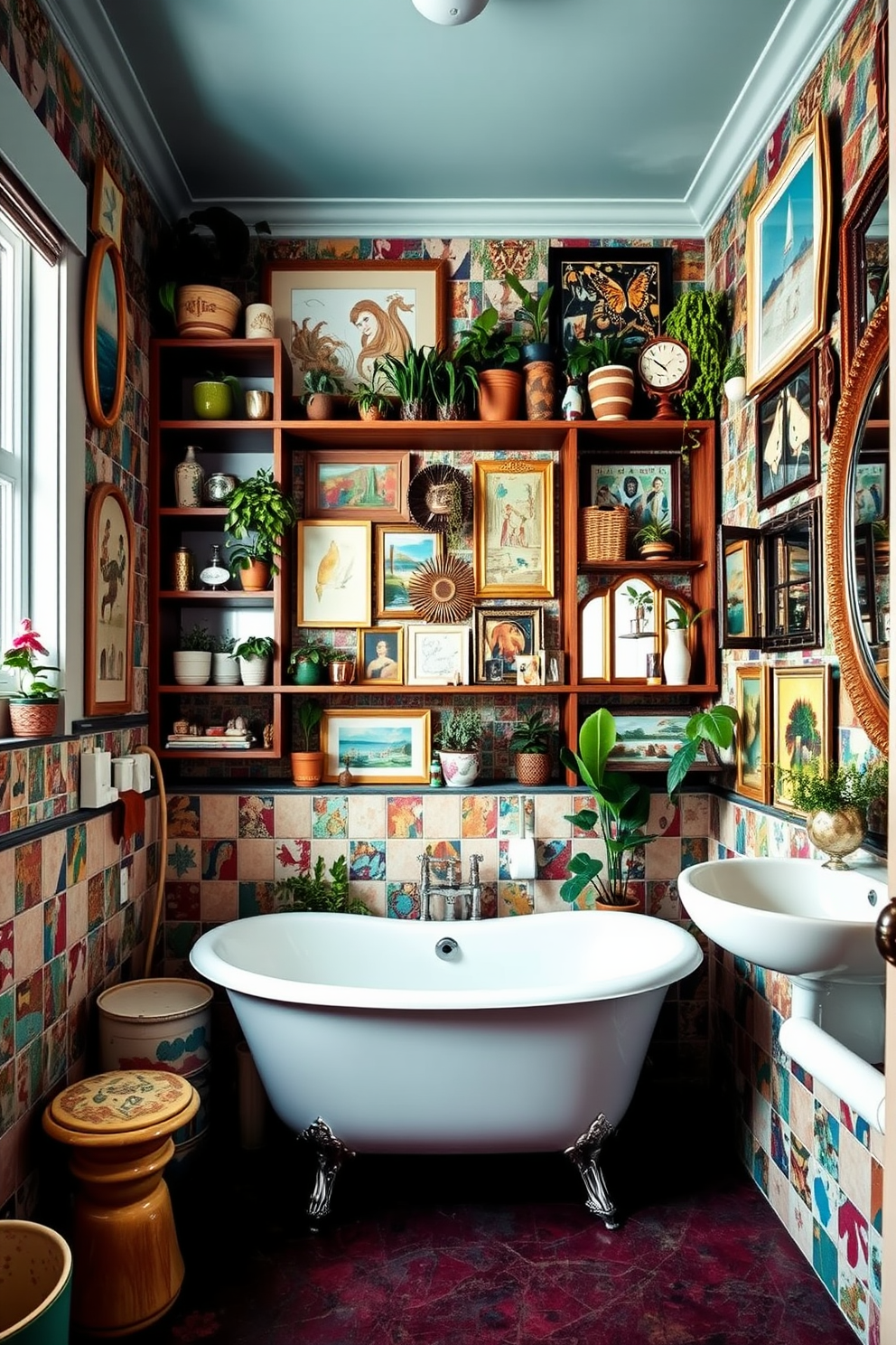 A vibrant eclectic bathroom filled with unique design elements. The walls are adorned with colorful tiles and a mix of vintage and modern fixtures, creating a playful atmosphere. A custom-built shelving unit showcases an array of decorative items and plants, maximizing space while adding personality. A freestanding tub sits in the center, surrounded by an assortment of eclectic artwork and mirrors that reflect light throughout the room.