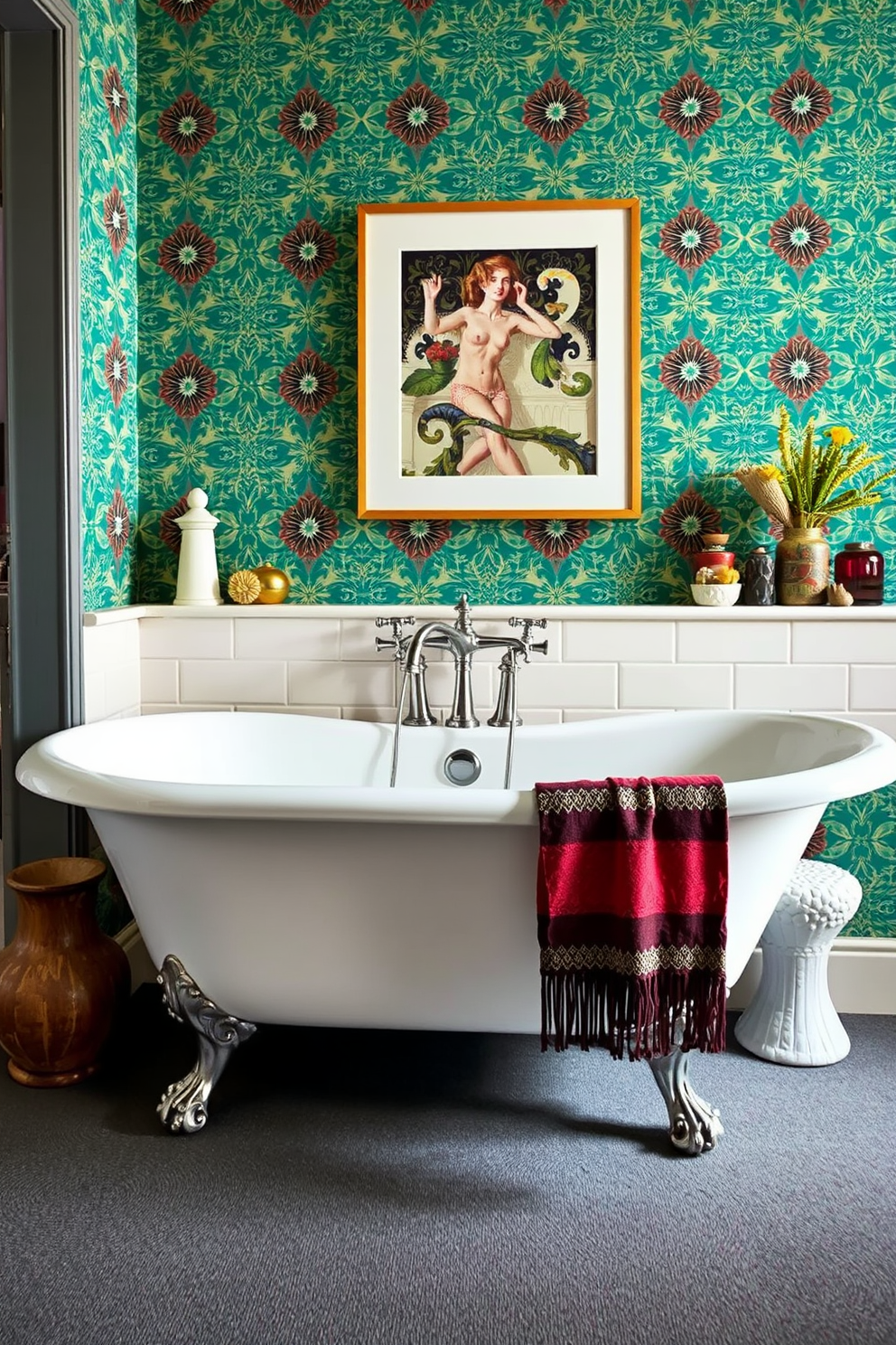 A charming eclectic bathroom featuring a luxurious clawfoot tub positioned against a backdrop of vibrant patterned wallpaper. The tub is complemented by a vintage-style faucet and surrounded by an assortment of eclectic decor items that showcase unique textures and colors.