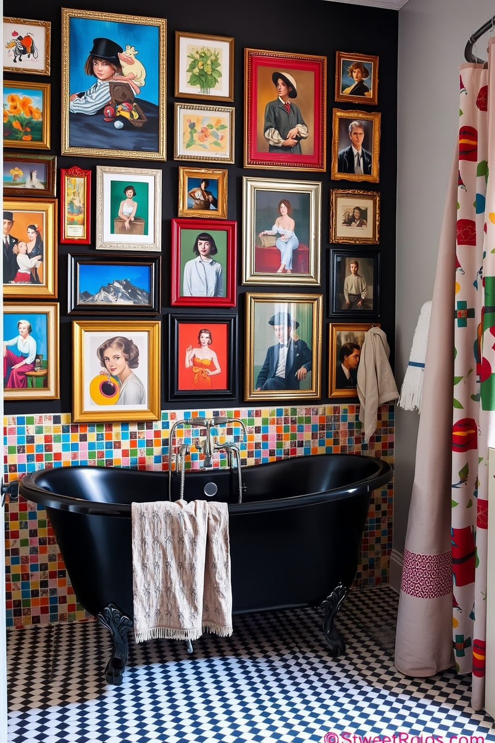 A vibrant gallery wall showcases a diverse collection of art pieces, featuring bold colors and unique frames that create an eye-catching focal point. The wall is adorned with a mix of abstract paintings, vintage prints, and contemporary photography, all arranged in a harmonious yet eclectic manner. The bathroom features an eclectic design with a combination of vintage and modern elements. A freestanding bathtub in a sleek black finish is paired with a colorful mosaic tile backsplash, while quirky accessories like a patterned shower curtain and mismatched towels add personality to the space.