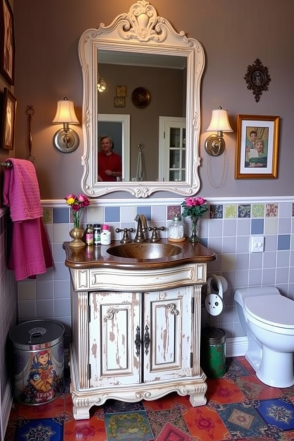 A unique sink with an antique vanity base serves as the centerpiece of this eclectic bathroom. The vanity features intricate woodwork and a distressed finish, complemented by colorful tiles that add character to the space. Surrounding the sink, vibrant accessories and mismatched decor create a playful atmosphere. Soft lighting from vintage sconces enhances the charm, while a large, ornate mirror reflects the room's personality.