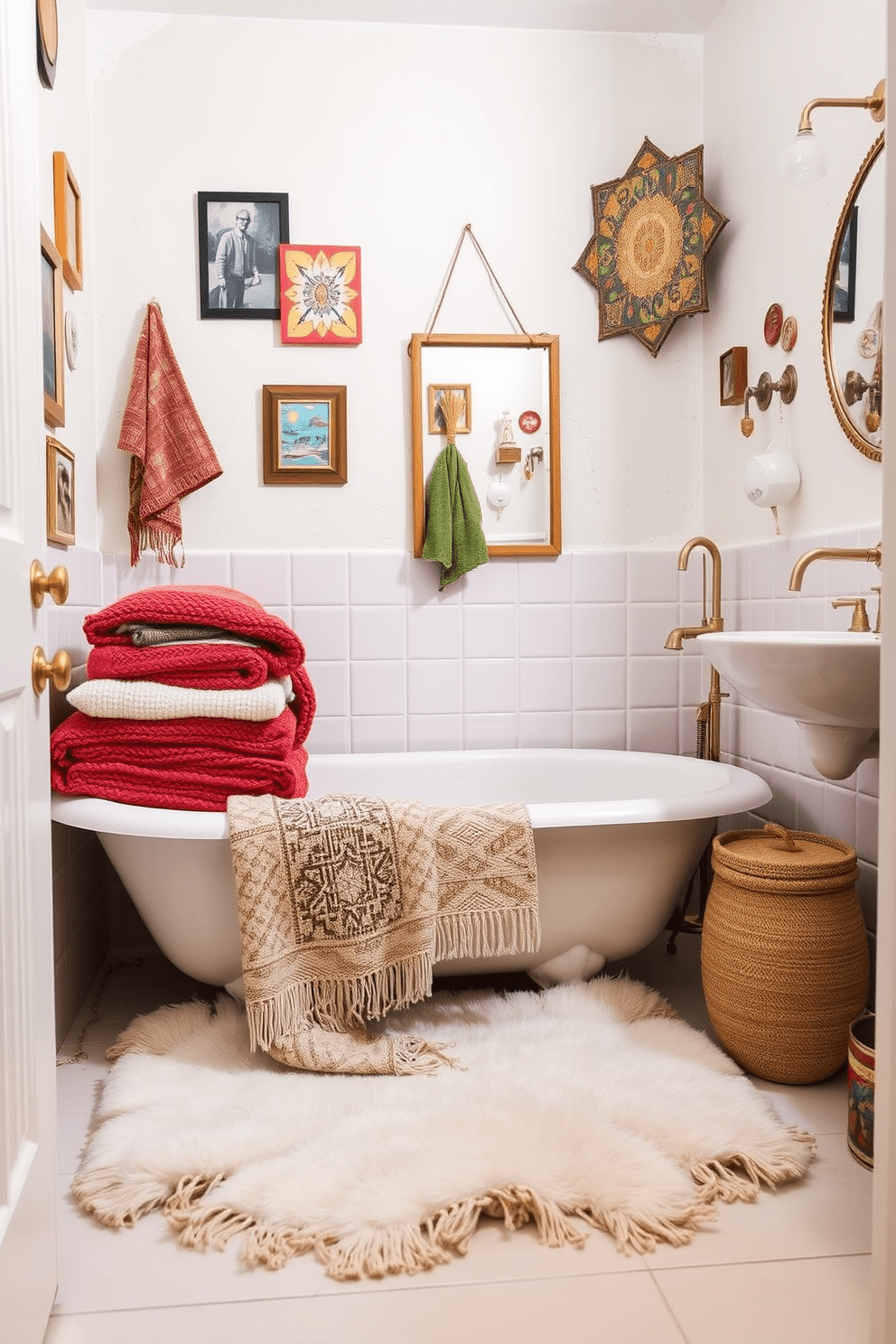 A cozy bathroom setting featuring layered textiles that create warmth and comfort. Soft towels, a plush bath mat, and a decorative throw blanket are artfully arranged to enhance the inviting atmosphere. The walls are adorned with an eclectic mix of art pieces and vibrant colors. Unique fixtures and accessories, such as a vintage mirror and colorful ceramic tiles, add character and charm to the space.