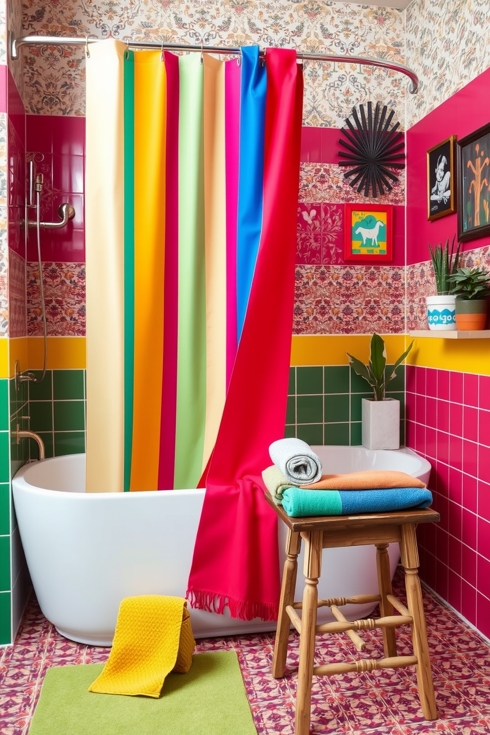 Brightly colored shower curtain drapes across a modern bathtub creating a vibrant focal point. The walls are adorned with a mix of patterned tiles and bold paint, giving the space a lively, eclectic feel. A vintage wooden stool sits beside the tub, topped with neatly rolled towels in various colors. Quirky wall art and plants in unique pots add personality and charm to the overall design.