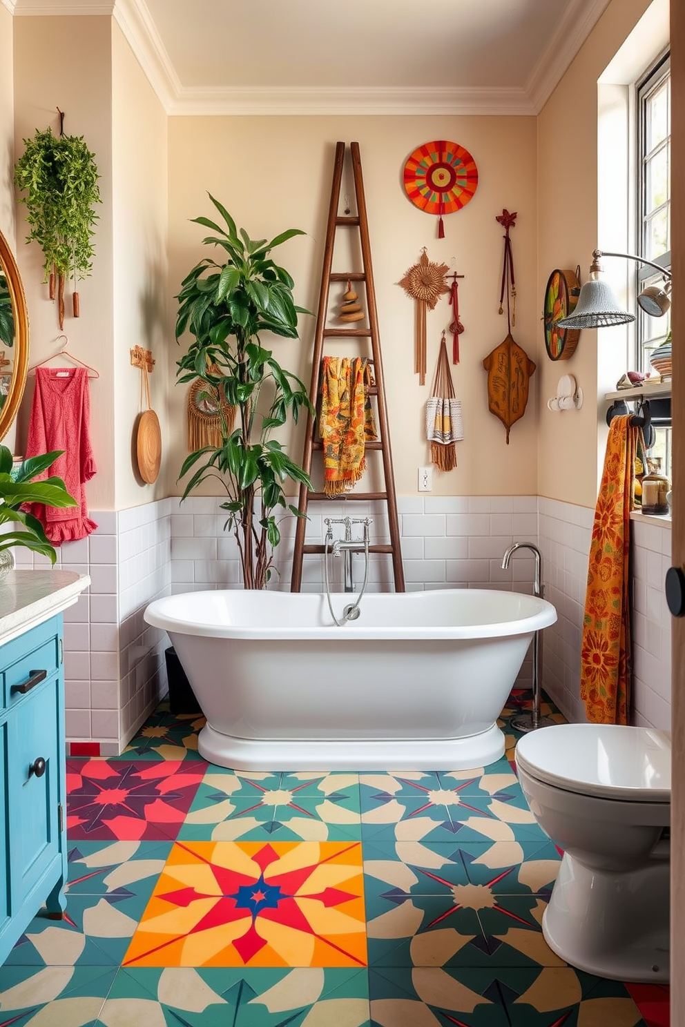 A vibrant eclectic bathroom featuring floor tiles adorned with bold geometric patterns in contrasting colors. The walls are painted in a soft cream tone, complementing the colorful tiles and creating a warm and inviting atmosphere. A freestanding bathtub sits in the center, surrounded by quirky decor pieces like a vintage ladder and artistic wall hangings. A mix of modern and vintage fixtures adds character, while lush greenery peeks from the corners, enhancing the overall eclectic vibe.