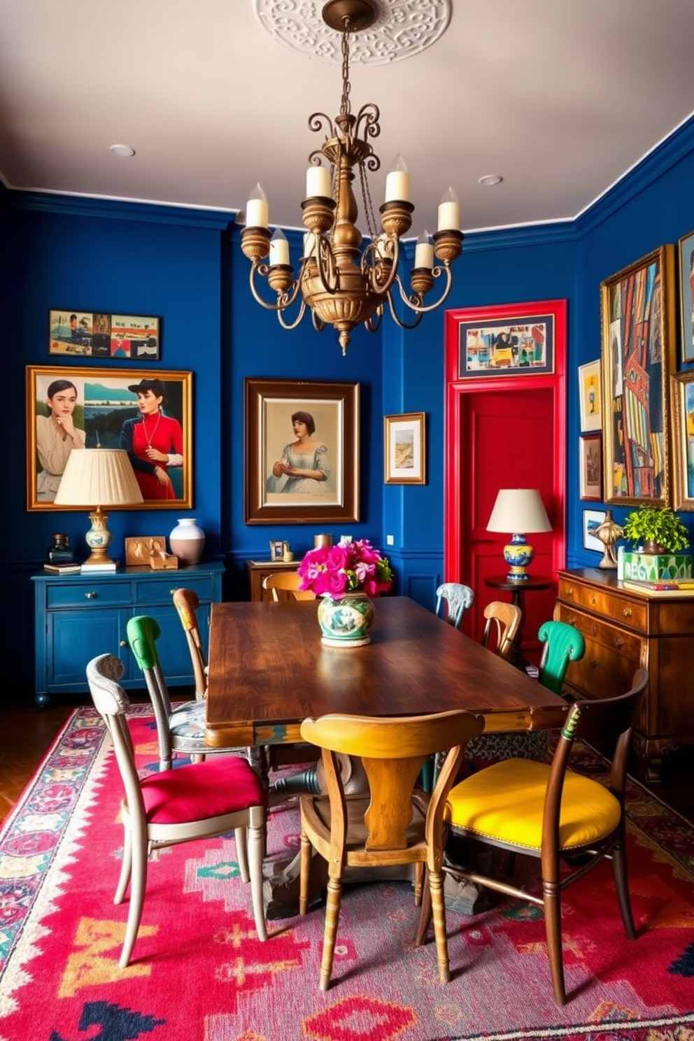 A vibrant dining room filled with a bold color palette showcasing deep blues, rich reds, and bright yellows. Vintage furniture pieces include a rustic wooden dining table surrounded by mismatched chairs, each upholstered in various patterns and textures. The walls are adorned with eclectic artwork, mixing modern and vintage styles, creating a lively atmosphere. A large chandelier with ornate details hangs above the table, casting warm light over the space, while a colorful area rug anchors the room.