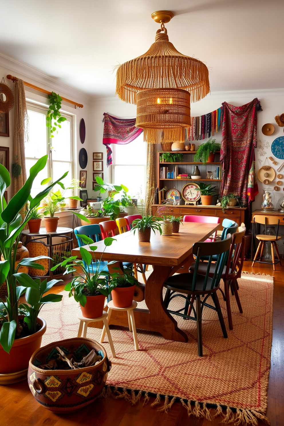 A vibrant dining room filled with bohemian elements, featuring a large wooden table surrounded by mismatched chairs in various colors and patterns. Lush green plants in terracotta pots are scattered throughout the space, and colorful textiles drape over the table and hang from the walls. The room is illuminated by a statement chandelier made of natural materials, casting warm light over the eclectic decor. A woven rug anchors the space, while art pieces and handmade crafts adorn the walls, creating a cozy and inviting atmosphere.