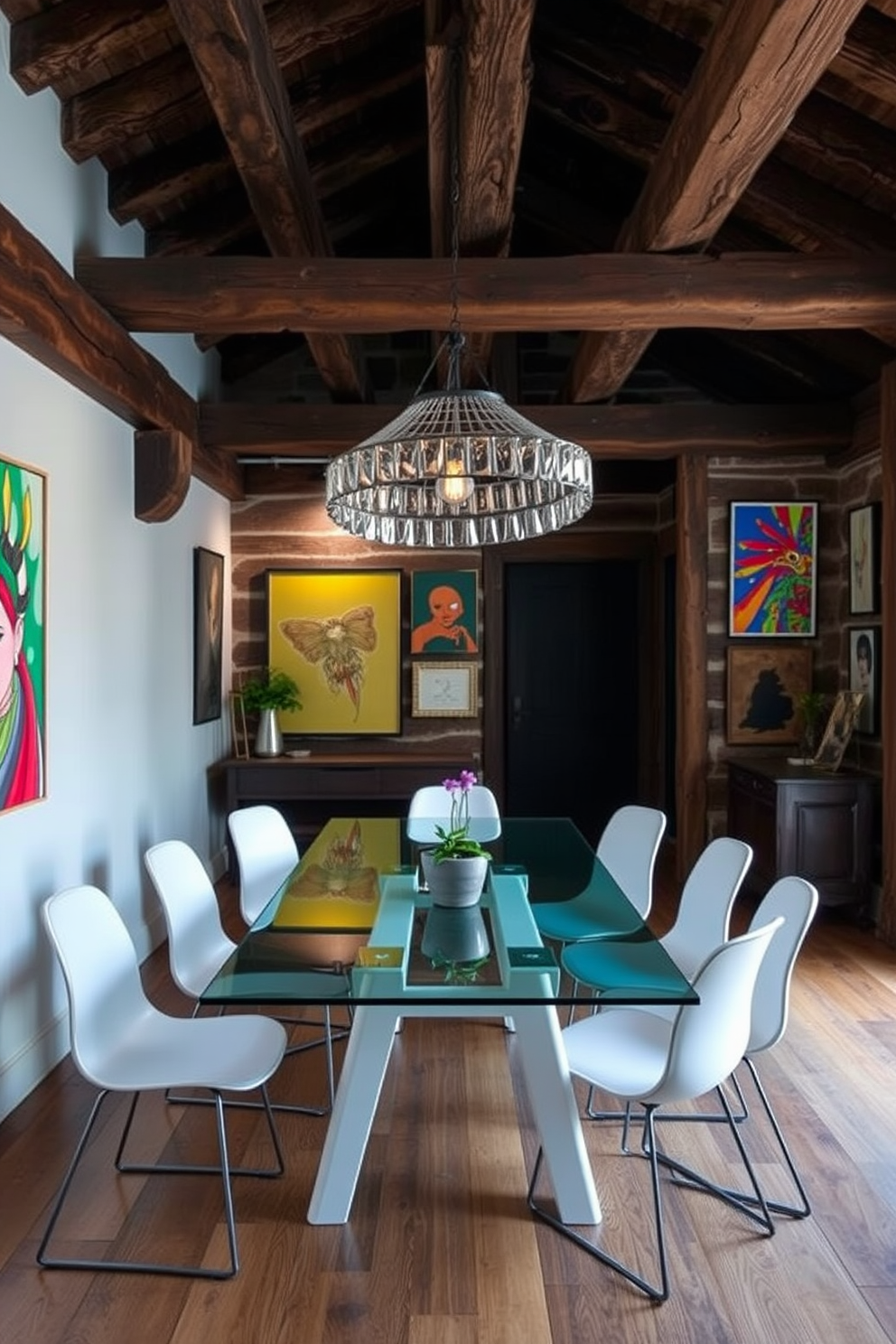 A rustic dining room features exposed wooden beams that add warmth and character to the space. The contrast of sleek modern furniture, such as a glass dining table and minimalist chairs, creates a unique and inviting atmosphere. Colorful artwork adorns the walls, showcasing a mix of styles that reflect the eclectic nature of the room. A statement light fixture hangs above the table, blending rustic charm with contemporary design elements.