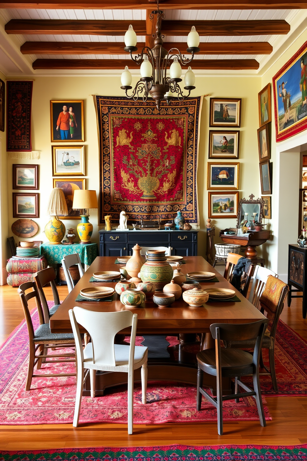 A vibrant dining room filled with cultural artifacts from around the world. The walls are adorned with colorful tapestries and framed artwork that reflect diverse traditions and styles. A large wooden dining table sits at the center, surrounded by mismatched chairs that showcase unique designs and materials. A bold centerpiece featuring a collection of handcrafted pottery adds a global touch to the table setting.