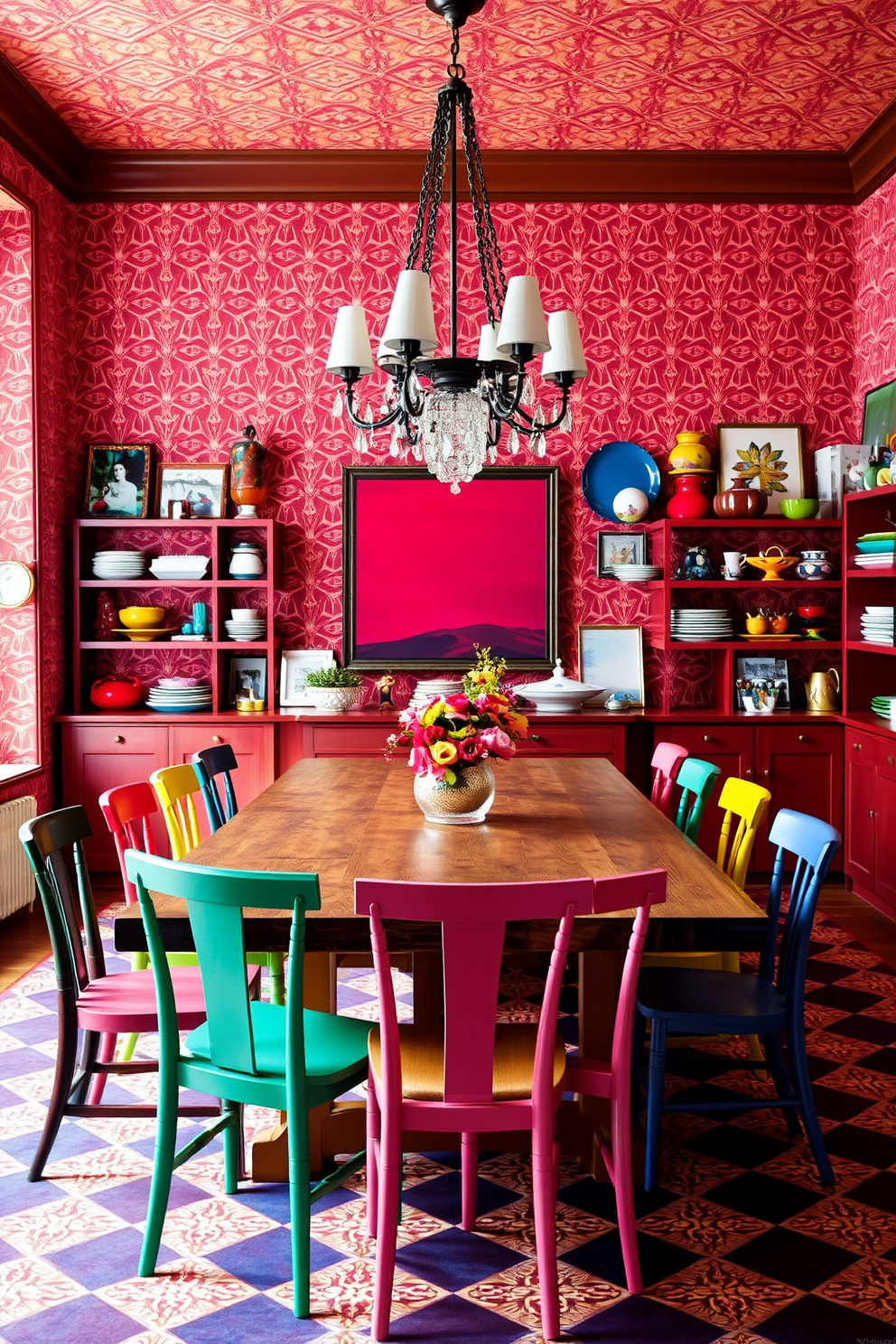 Bright wallpaper with geometric patterns creates a vibrant backdrop that energizes the space. A large wooden dining table is surrounded by mismatched chairs in bold colors, adding an eclectic touch to the room. A statement chandelier hangs above the table, providing a focal point that draws the eye upward. Shelves filled with colorful dishware and art pieces line the walls, enhancing the eclectic atmosphere.