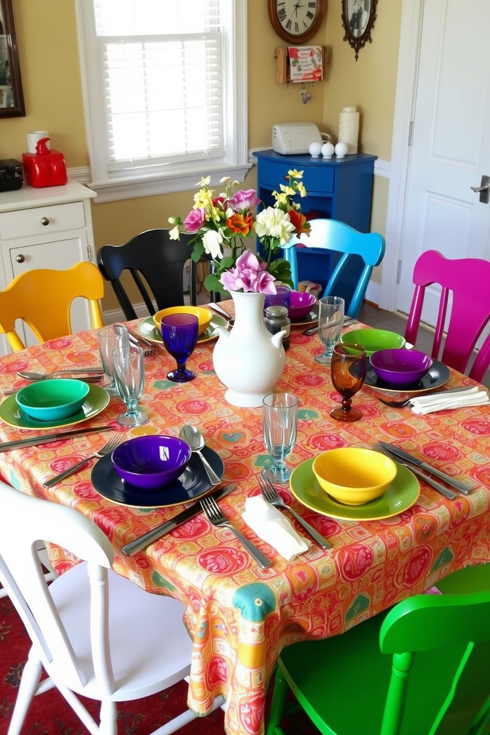 A casual dining setting featuring mismatched tableware that adds a playful touch. The table is set with a variety of colorful plates, glasses, and utensils, creating an inviting and relaxed atmosphere. Surrounding the table are eclectic chairs in different styles and colors, enhancing the whimsical vibe. A vibrant tablecloth ties the diverse elements together, complemented by a centerpiece of fresh flowers in a unique vase.