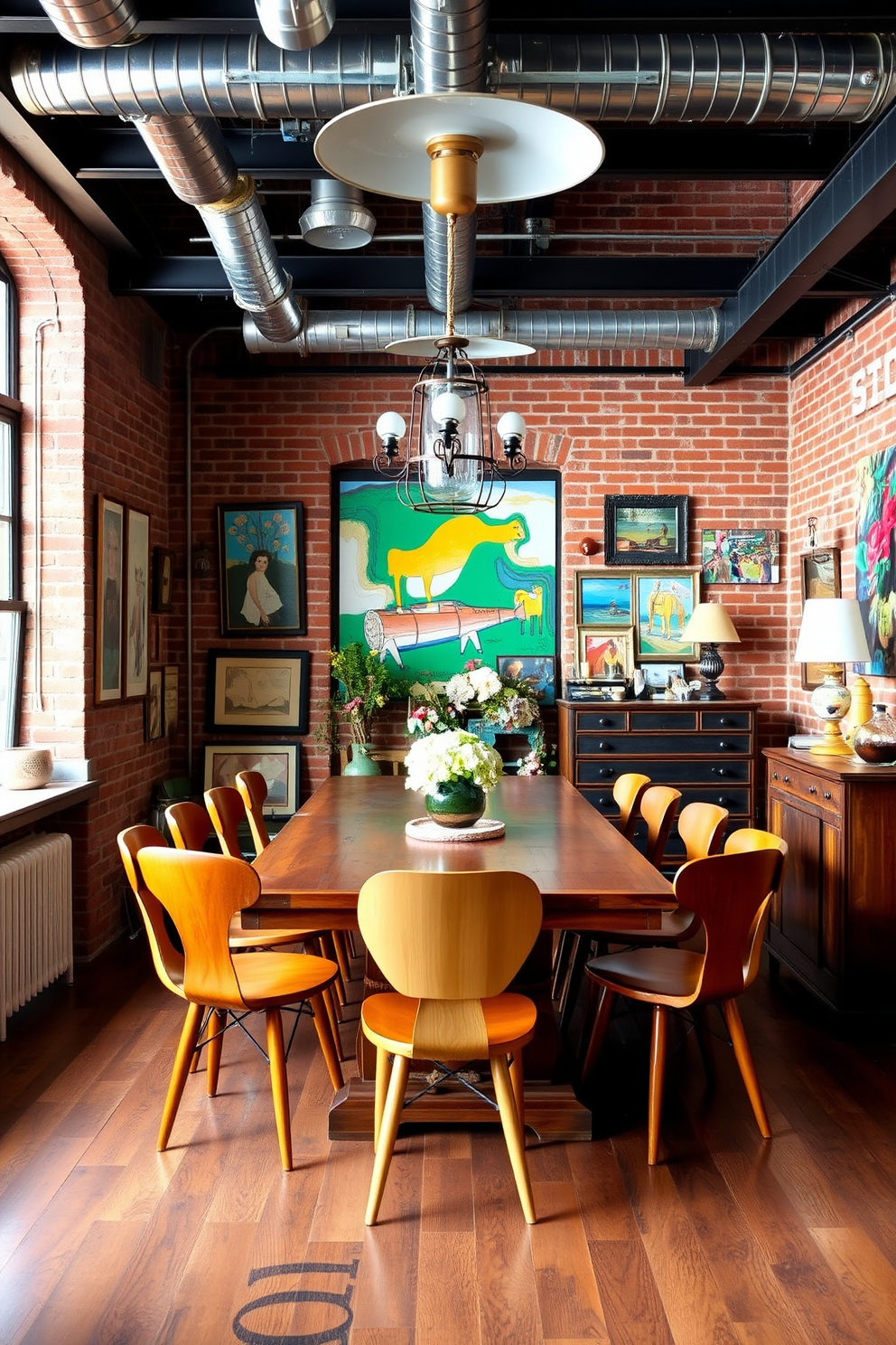 A vibrant dining room with industrial accents featuring exposed brick walls and metal beams. A large wooden dining table is surrounded by mismatched chairs in warm wood tones, creating an inviting atmosphere. The room is adorned with eclectic decor, including colorful artwork and unique light fixtures. A vintage sideboard displays an array of decorative items, adding personality to the space.