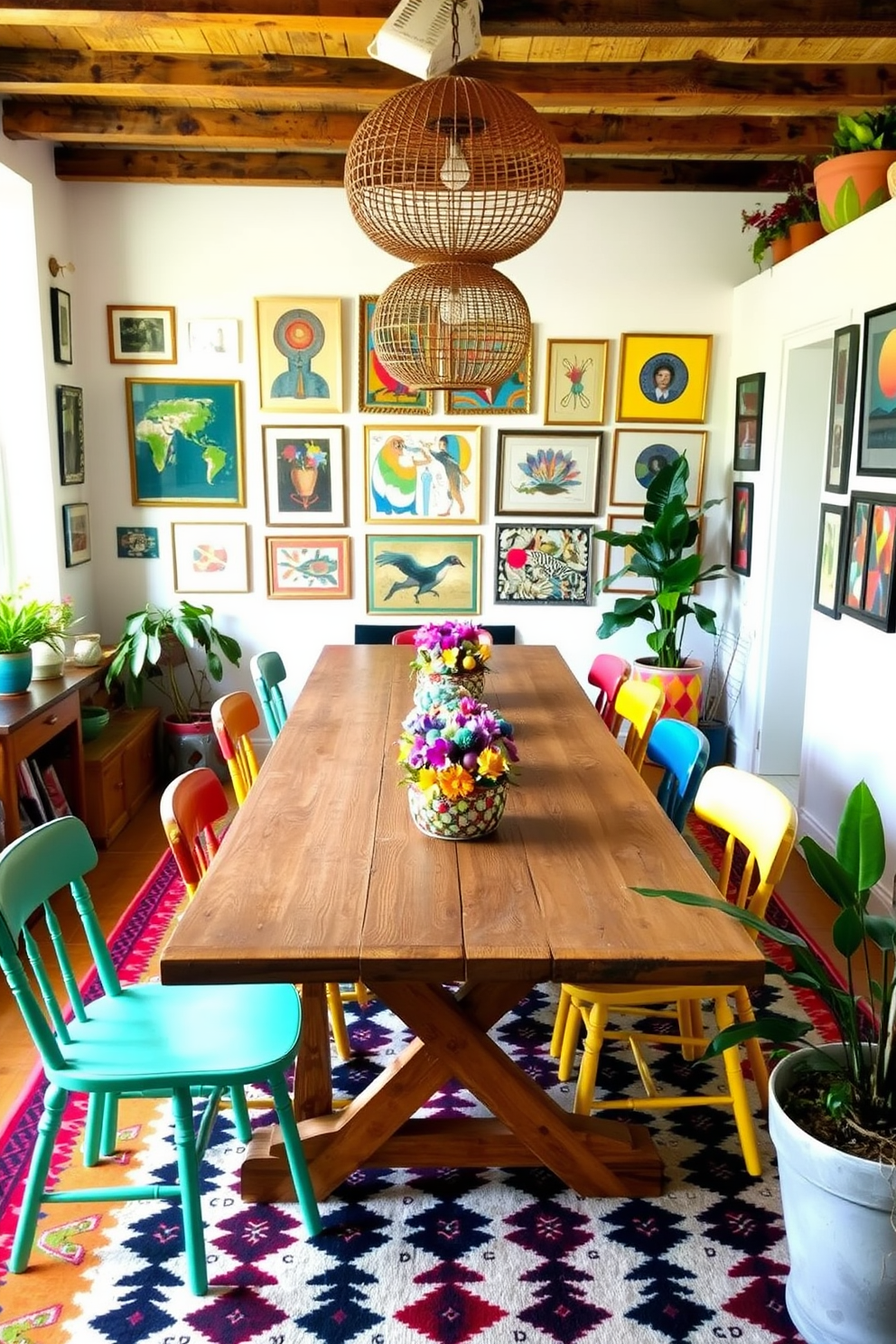 Artisan crafted centerpieces adorn a long wooden dining table, surrounded by mismatched chairs in vibrant colors and patterns. The walls feature a gallery of eclectic artwork, creating a lively atmosphere that invites conversation and creativity. A bold patterned rug anchors the space, complementing the unique light fixtures hanging above the table. Potted plants in various sizes add a touch of greenery, enhancing the room's warm and inviting feel.