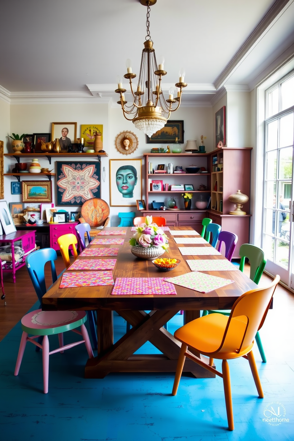 A vibrant dining room featuring a large wooden table set with colorful table runners and placemats in various patterns. Surrounding the table are mismatched chairs in bold colors, and a statement chandelier hangs above, adding an artistic touch to the space. The walls are adorned with eclectic art pieces and shelves filled with unique decor items. A large window allows natural light to flood the room, enhancing the lively atmosphere created by the mix of colors and textures.